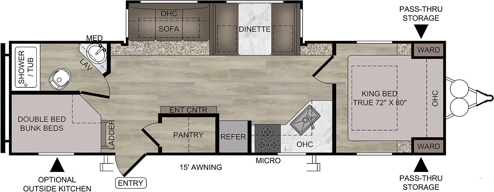 Della Terra 281BH floorplan. The 281BH has one slide out and one entry door.
