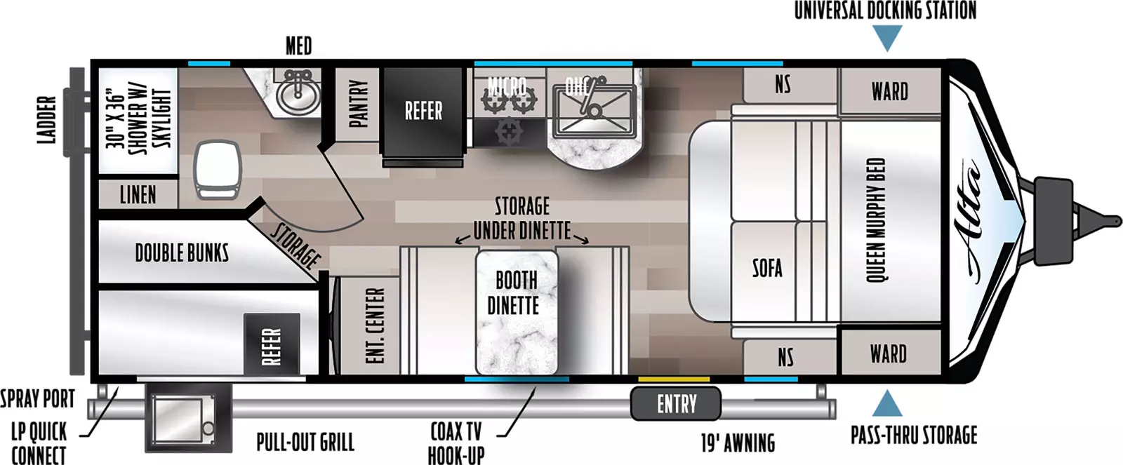 Is a Non-Slide Unit. The entry door is on the awning or door side of the unit. Layout from front to back, Sofa with Queen Murphy Bed that folds down over the sofa. Kitchen on the off-door side with microwave in the overheads above the range with a refer and pantry at the end of the counter. Across from that on the door-side is a booth dinette  followed by a wardrobe cabinet with a TV above it and  double over double bunk in the rear door-side corner of the unit. Next to that on the rear off-door corner of the unit is the bath with 30x36 shower, vanity and porcelain toilet. 
