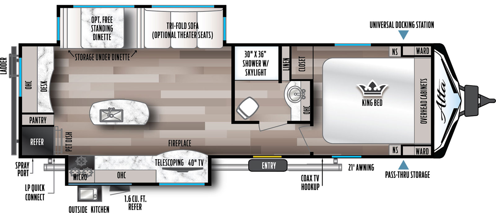 Has a super slide on the off-door-side with a booth and sleeper sofa that can be optioned with theater seats IPO the sofa or table and chairs IPO the booth as well as a kitchen slide on the door-side of the unit. There is one entry about mid-way down on the awning or door-side of the unit. Layout from front to back:  there is a King size bed that runs north and south with an bedroom door that’s on the far left or door-side of the bedroom. It leads into a hall with a side isle bath to the right with a 30x36 shower with linen storage next to it, a vanity and porcelain toilet. Continuing down the hall from the bedroom  toward the rear of the unit is the entry on the door-side followed by the living area / kitchen. To the right or the off-door side is the super slide. In the center is a kitchen island with a sink. On the door-side past the entry is the kitchen slide with a TV and fireplace below followed by kitchen cabinets with overheads with a range and microwave above which ends in the rear door-side corner of the unit. Across the back is the refer, pantry and storage. In the rear off-door side is a small desk area.

