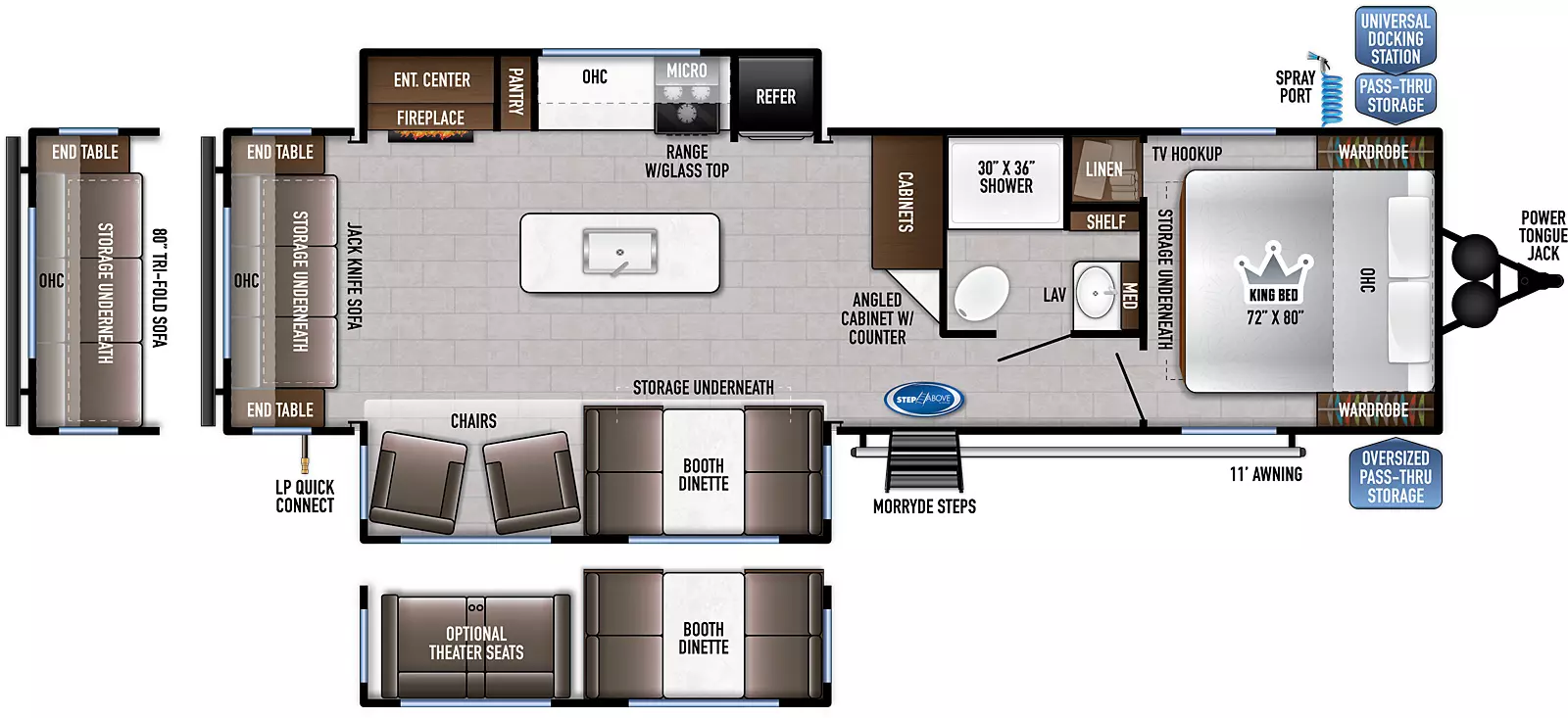The 292MK has two opposing slides, one on the off-door side and one on the door side, this floorplan has one entry door on the door side. Interior layout from front to back: front bedroom with king bed featuring overhead cabinets, bedside wards, TV hookup, linen cabinet, underbed storage and solid privacy door; side aisle bathroom with medicine cabinet above the sink, cabinet shelf, shower and porcelain toilet; kitchen living dining area has large cabinets and angled cabinet with counter, kitchen island with residential sink, off-door side slide features refrigerator, 3-burner cooktop with oven, overhead microwave and cabinets, kitchen counter space, pantry and entertainment center with fireplace; opposing door side slide has a booth dinette with storage underneath, two large picture windows, and two free standing recliners facing entertainment center and fireplace. jackknife sofa with 2 end tables and overhead cabinets along back wall! Exterior from front to back: Power tongue jack, oversized pass-thru storage on door side, universal docking station in pass-thru on off-door side with spray port; solid steps at entry door on door side, LP quick connect in door side rear and 11' awning.