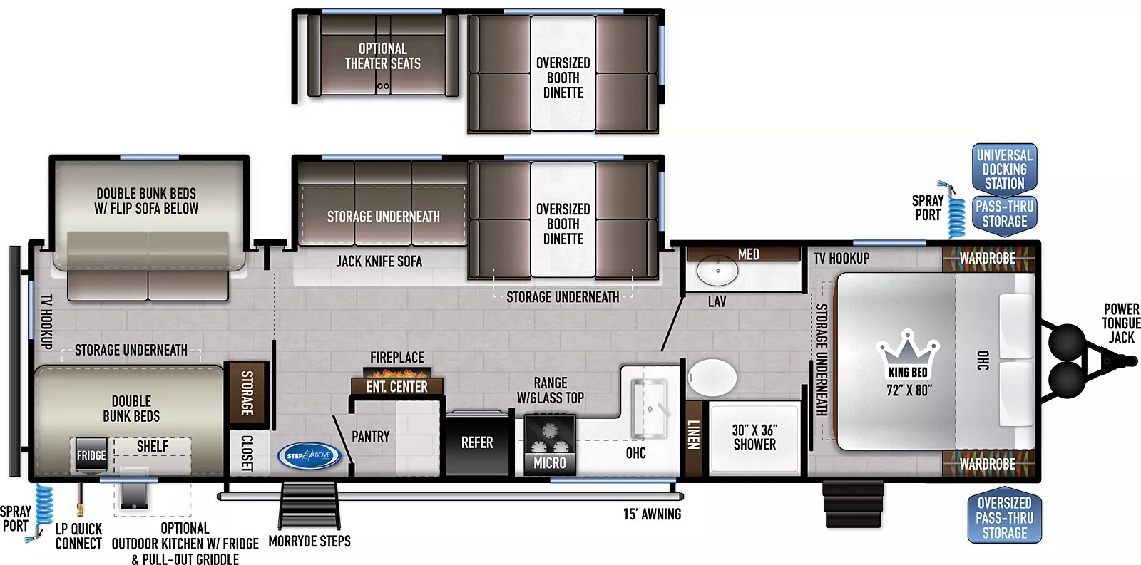 The 312BH has two slides on the off-door side – one in the rear bunk area of the coach and one in the kitchen living dining area. This floorplan features two entry doors on the door side – one near the rear leading into the main kitchen living dining area, another in the front bedroom. Interior layout from front to back: front bedroom with king bed featuring overhead cabinets, bedside wards, TV hookup, underbed storage and solid sliding privacy door; pass through bathroom to kitchen living dining area; bathroom has sink and counter space with overhead cabinets on off-door side and a porcelain toilet, linen cabinets and shower on the door side; L-shaped kitchen counter with overhead cabinets above residential sink, 3-burner cooktop with oven and overhead microwave, refrigerator; entertainment center with fireplace; across in the off-door side slide is the oversized booth dinette and jackknife sofa - both with storage underneath; upon entering at door side to the right is a pantry and to the left is a closet; solid sliding privacy door to bunkhouse; off-door side slide has double bunk beds with flip sofa below, across on door side has storage cabinets and double bunk bends with storage underneath. Exterior from front to back: Power tongue jack, oversized pass-thru storage on door side, universal docking station in pass-thru on off-door side with spray port; fold-up steps at bedroom entrance on door side, solid steps at main entry, optional outside kitchen and 15' awning.