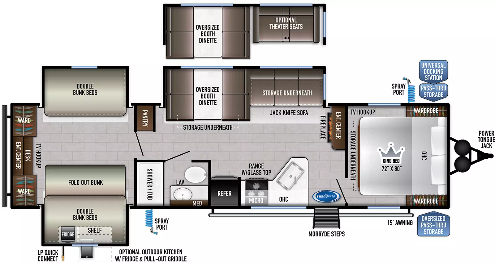 The 323QB has three slides – two opposing slides in the rear bunk area of the coach (one on door side, one across on off-door side) the third one is on the off-door side in the kitchen living dining area.  Interior layout from front to back: front bedroom with king bed featuring overhead cabinets, bedside wards, TV hookup, underbed storage and solid privacy door; kitchen living dining area includes entertainment center with fireplace, angled residential sink, 3-burner cooktop with oven and overhead microwave plus cabinets, refrigerator; aisle bathroom with tub/shower, medicine cabinet above the sink and porcelain toilet; across in the off-door side slide is the oversized booth dinette and jackknife sofa - both with storage underneath; pantry on off-door side across from bathroom; bunkhouse includes double bunk bends in the off-door side slide; the opposing slide has double bunk beds with one being a fold-out bunk; across rear of bunkhouse is a desk/entertainment center, TV hookup and two wards on each side. Exterior from front to back: Power tongue jack, oversized pass-thru storage on door side, universal docking station in pass-thru on off-door side with spray port; solid steps at main door-side entry, spray port, optional outside kitchen with fridge and pull-out griddle, LP quick connect and 15' awning.  