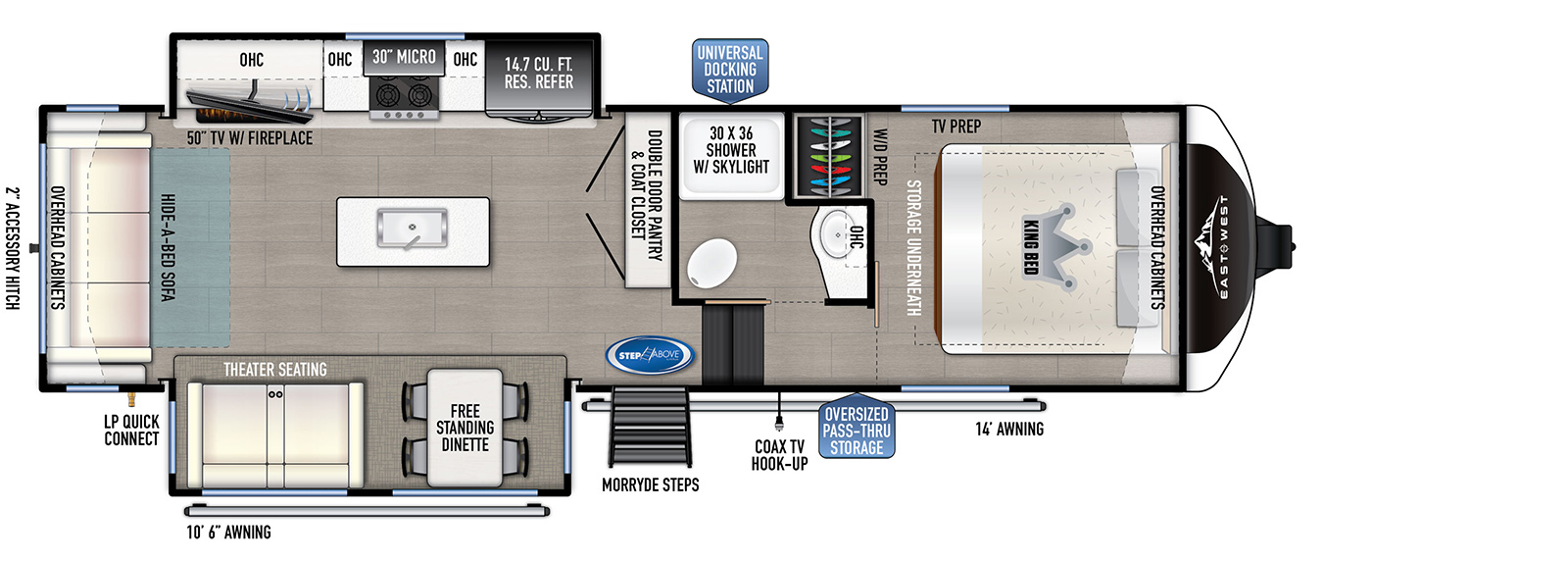 The 285 RL has 2 slide outs, one on the off door side and one on the door side along with one entry door. Interior layout from front to back: front bedroom with king bed featuring overhead cabinets, bedside nightstands, TV hookup and underbed storage; side aisle bathroom with solid pocket door, shower, medicine cabinet above the sink and a porcelain toilet; kitchen living dining area features a double door pantry and coat closet; kitchen island with deep seated sink; off door side slide-out containing refrigerator, oven, microwave and entertainment center; door side slide-out containing dinette and theater seating; and a 78" wide rear sofa with 72" wide rear window and overhead cabinets above.