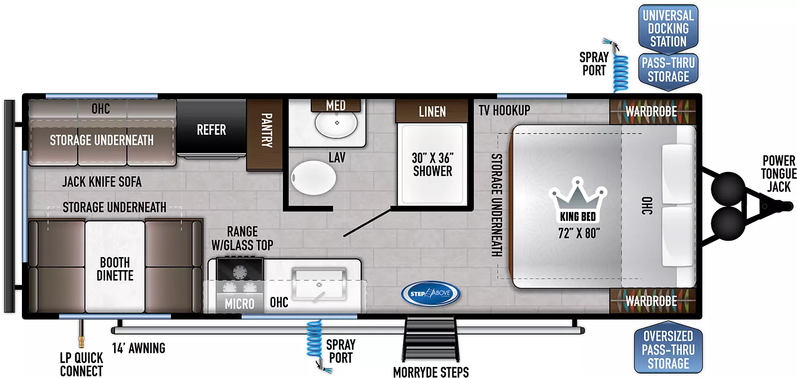 The 200RD has zero slides and one entry door on the door side. Interior layout from front to back: front bedroom with king bed featuring overhead cabinets bedside wardrobes, TV hookup, and underbed storage; Side aisle bathroom on the off-door side with linen cabinet, shower, toilet, counter with sink, and overhead medicine cabinet; kitchen living dining area with pantry, refrigerator and jackknife sofa with storage and overhead cabinets on the off-door side, and booth dinette with storage underneath, range with glass top, microwave, sink, countertop and overhead cabinets on the door side; Exterior from front to back: Power tongue jack, oversized pass-thru storage on door side, universal docking station in pass-thru on off-door side with spray port; solid steps at entry door on door side, LP quick connect in door side rear, spray port and 14' awning. 