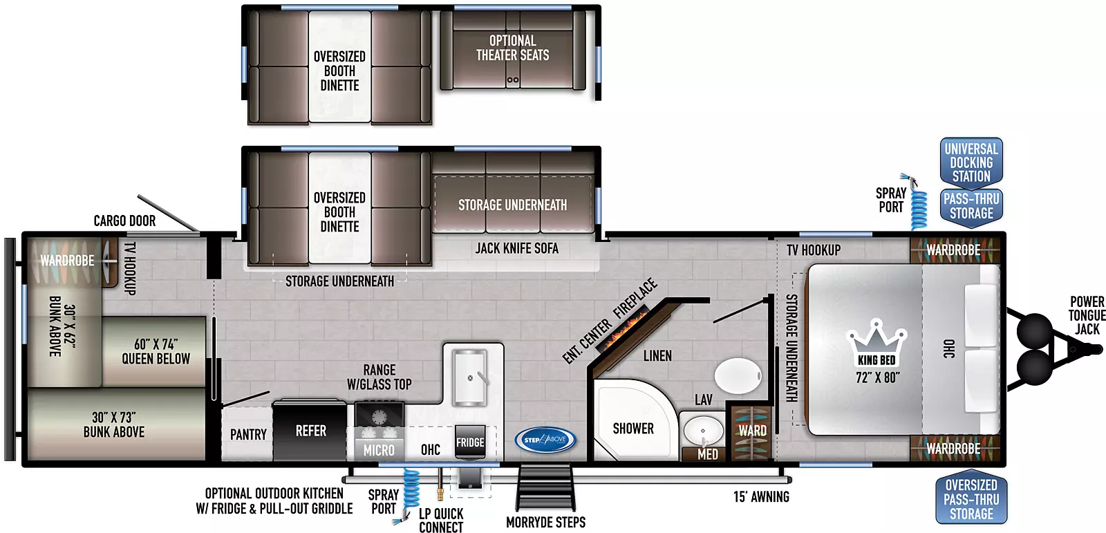 The 291BH has one slide on the off-door side, along with one entry door on the door side. Interior layout from front to back: front bedroom with king bed featuring overhead cabinets, bedside wards, TV hookup, underbed storage, extra ward on door side opposite solid privacy door; aisle bathroom with linen cabinet, porcelain toilet, sink with overhead medicine cabinet, shower; entertainment center and fireplace in kitchen living diving area; off-door side slide contains a jackknife sofa and oversized booth dinette - both with storage underneath; across on door side is L-shaped kitchen counter with residential sink, 3-burner cooktop with oven, overhead microwave and cabinets, refrigerator, pantry; rear bunkhouse with two above bunks and queen bed below, TV hookup, ward, and cargo door on off-door side. Exterior from front to back: Power tongue jack, oversized pass-thru storage on door side, universal docking station in pass-thru on off-door side with spray port; solid steps at entry door on door side, optional outside kitchen with fridge and pull out griddle, LP quick connect on door side, spray port and 15' awning. 