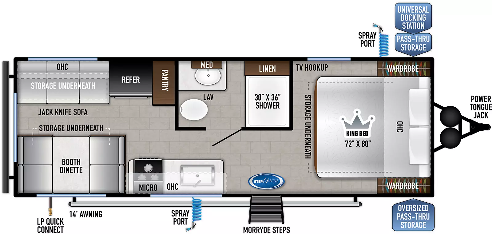 The 20KRD has zero slides and one entry door on the door side. Interior layout from front to back: front bedroom with king bed featuring overhead cabinets, bedside wards, TV hookup and underbed storage; aisle bathroom with solid privacy door, shower, linen cabinet, medicine cabinet above the sink and a porcelain toilet; kitchen living dining area features a residential sink, backsplash window on door side, 3-burner cooktop with oven and overhead microwave plus overhead cabinets, refrigerator and pantry across on off-door side, jackknife sofa with storage underneath in rear on off-door side; across is a booth dinette with storage underneath featuring picture window on door side. Exterior from front to back: Power tongue jack, oversized pass-thru storage on door side, universal docking station in pass-thru on off-door side with spray port; solid steps at entry door on door side, spray port mid-door side, LP quick connect in rear and 14' awning.