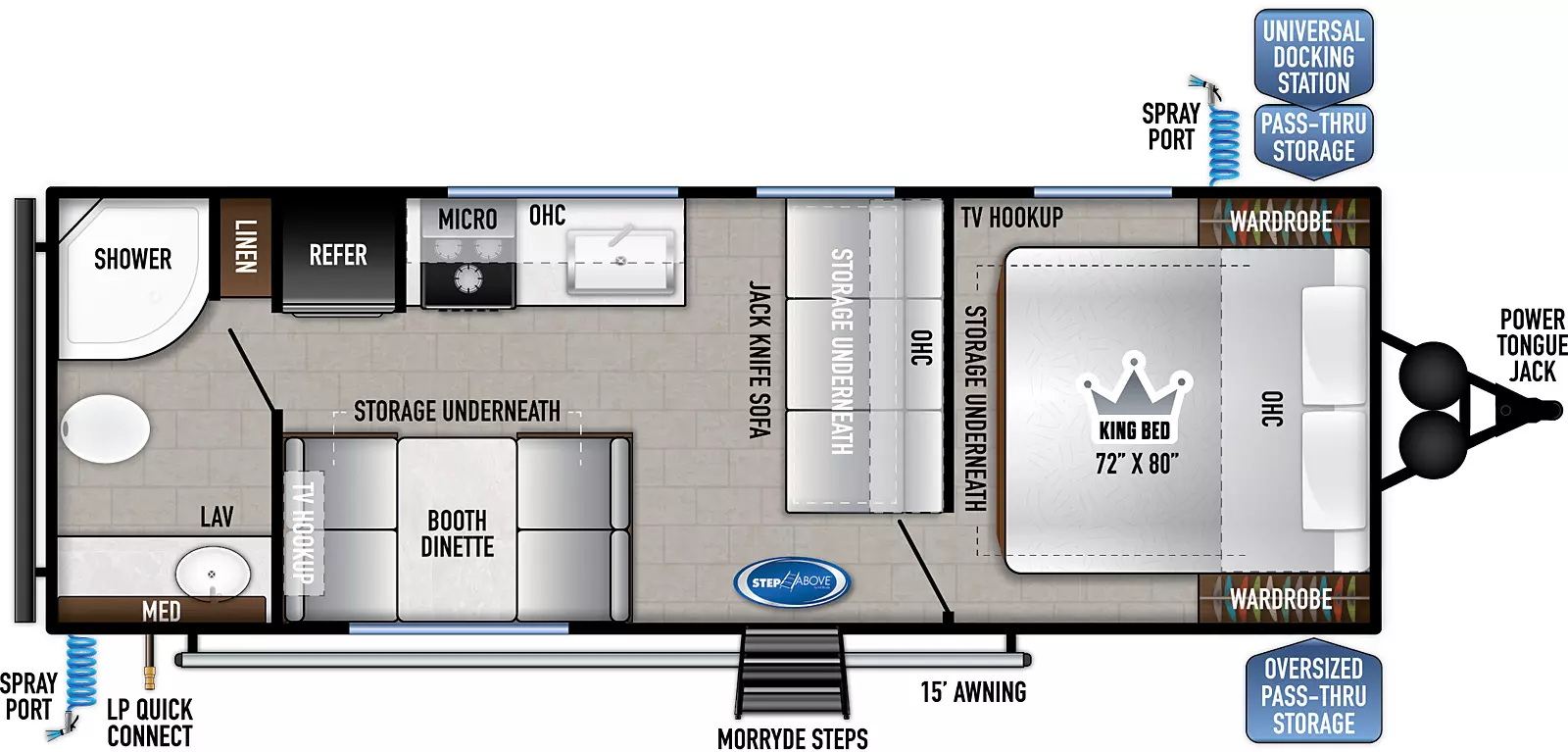 The 25KRB has zero slides and one entry door on the door side. Interior layout from front to back: front bedroom with king bed featuring overhead cabinets bedside wards, TV hookup, underbed storage and solid privacy door; kitchen living dining area with jackknife sofa with storage that butts up against front bedroom, booth dinette with storage underneath featuring picture window on door side, across is a residential sink, kitchen counter with 3-burner cooktop, oven, overhead microwave and cabinets plus refrigerator on off-door side; rear bathroom extending across width of the trailer with linen cabinets, shower, porcelain toilet, counter with sink and overhead medicine cabinet. Exterior from front to back: Power tongue jack, oversized pass-thru storage on door side, universal docking station in pass-thru on off-door side with spray port; solid steps at entry door on door side, LP quick connect in door side rear, spray port and 15' awning. 