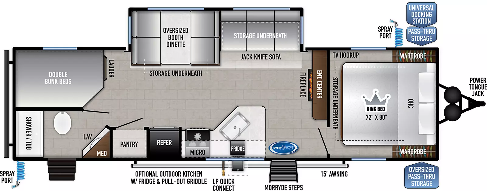 The 27K2D has one slide out on the off-door side, along with two entry doors on the door side. Interior layout from front to back: front bedroom with king bed featuring overhead cabinets, bedside wards, TV hookup, underbed storage and solid privacy door; kitchen living dining area with off-door side slide out containing jackknife sofa and oversized booth dinette - both with storage underneath; entertainment center with fireplace on front bedroom wall; two picture windows in the slide; across on door side is an L-shaped kitchen counter with residential sink, 3-burner cooktop with oven and overhead microwave and cabinets, refrigerator, pantry; double bunk beds with ladder in the rear off-door side corner; rear bathroom with exterior access to door side featuring overhead medicine cabinet above sink, porcelain toilet and shower/tub. Exterior from front to back: Power tongue jack, oversized pass-thru storage on door side, universal docking station in pass-thru on off-door side with spray port; solid steps at entry door on door side, LP quick connect, optional outside kitchen with fridge and pull out griddle, fold-up steps at rear door side bathroom entrance, spray port at rear and 15' awning. 