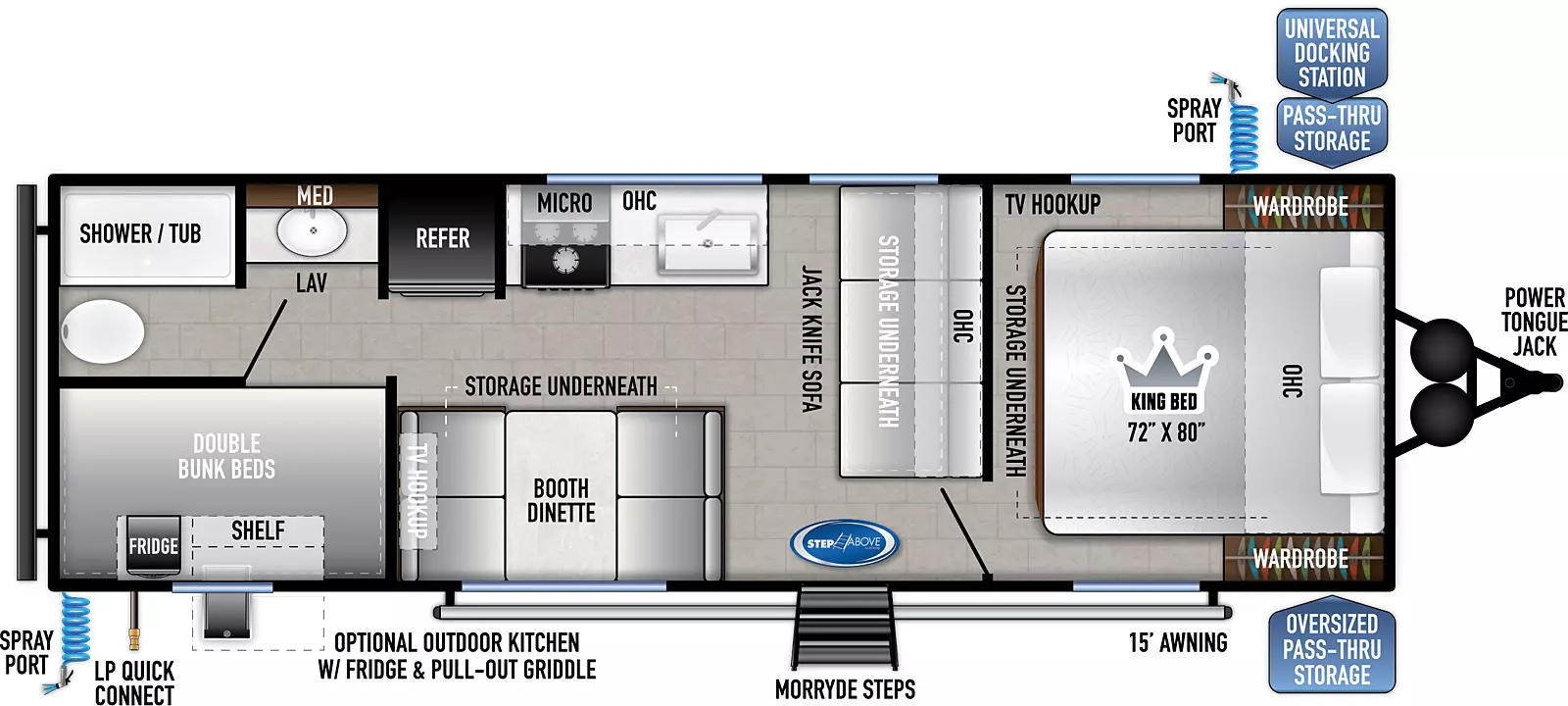 The 27KNS has zero slides and one entry door on the door side. Interior layout from front to back: front bedroom with king bed featuring overhead cabinets, bedside wards, TV hookup, underbed storage and solid privacy door; kitchen living dining area with jackknife sofa that butts up against front bedroom, booth dinette with storage underneath featuring picture window on door side, residential sink, kitchen counter with 3-burner cooktop, oven, overhead microwave and cabinets plus refrigerator on off-door side; the rear includes bathroom in off-door side corner inclusive of sink with overhead medicine cabinet, shower/tub, porcelain toilet, and double bunk beds in door side corner. Exterior from front to back: Power tongue jack, oversized pass-thru storage on door side, universal docking station in pass-thru on off-door side with spray port; solid steps at entry door on door side, LP quick connect in door side rear, spray port and 15' awning. 
