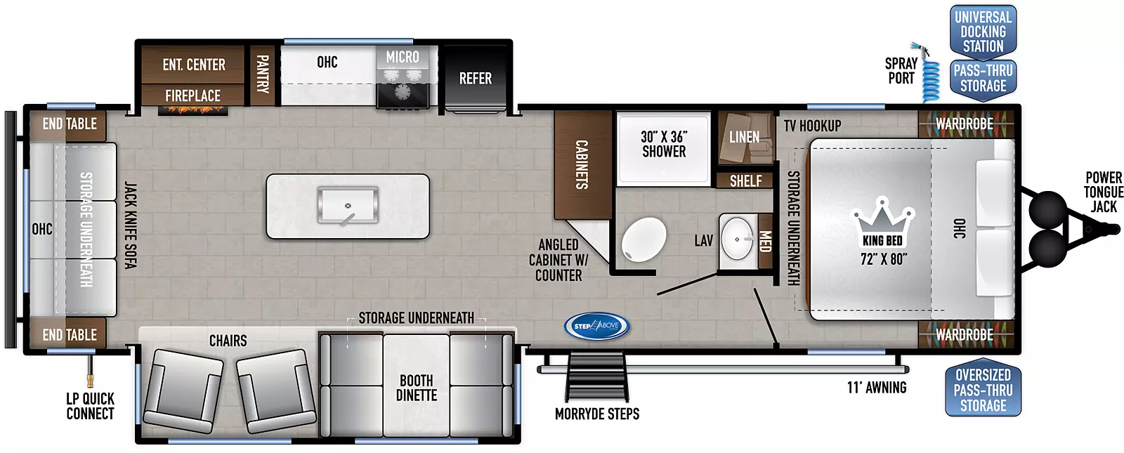 The 29K2S has two opposing slides, one on the off-door side and one on the door side, this floorplan has one entry door on the door side. Interior layout from front to back: front bedroom with king bed featuring overhead cabinets, bedside wards, TV hookup, linen cabinet, underbed storage and solid privacy door; side aisle bathroom with medicine cabinet above the sink, cabinet shelf, shower and porcelain toilet; kitchen living dining area has large cabinets and angled cabinet with counter, kitchen island with residential sink, off-door side slide features refrigerator, 3-burner cooktop with oven, overhead microwave and cabinets, kitchen counter space, pantry and entertainment center with fireplace; opposing door side slide has a booth dinette with storage underneath, two large picture windows, and two free standing recliners facing entertainment center and fireplace. jackknife sofa with 2 end tables and overhead cabinets along back wall! Exterior from front to back: Power tongue jack, oversized pass-thru storage on door side, universal docking station in pass-thru on off-door side with spray port; solid steps at entry door on door side, LP quick connect in door side rear and 11' awning.