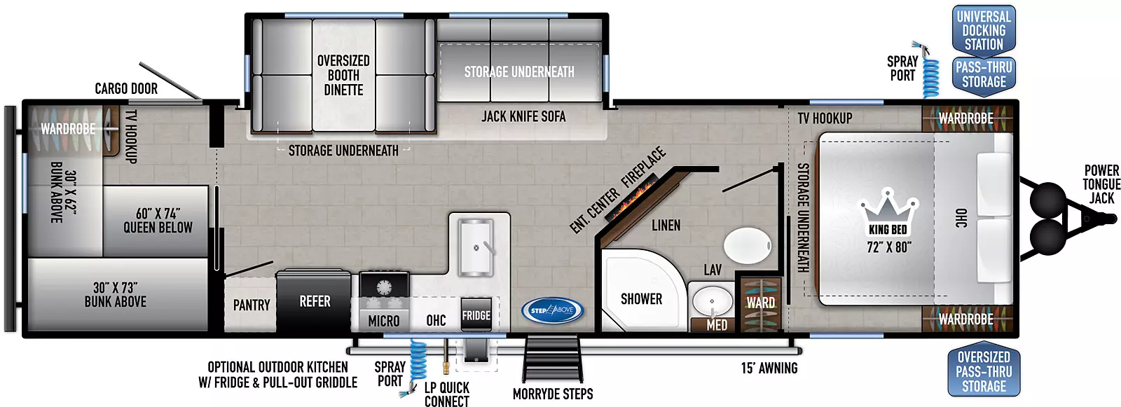 The 29KBH has one slide on the off-door side, along with one entry door on the door side. Interior layout from front to back: front bedroom with king bed featuring overhead cabinets, bedside wards, TV hookup, underbed storage, extra ward on door side opposite solid privacy door; aisle bathroom with linen cabinet, porcelain toilet, sink with overhead medicine cabinet, shower; entertainment center and fireplace in kitchen living diving area; off-door side slide contains a jackknife sofa and oversized booth dinette - both with storage underneath; across on door side is L-shaped kitchen counter with residential sink, 3-burner cooktop with oven, overhead microwave and cabinets, refrigerator, pantry; rear bunkhouse with two above bunks and queen bed below, TV hookup, ward, and cargo door on off-door side. Exterior from front to back: Power tongue jack, oversized pass-thru storage on door side, universal docking station in pass-thru on off-door side with spray port; solid steps at entry door on door side, optional outside kitchen with fridge and pull out griddle, LP quick connect on door side, spray port and 15' awning. 