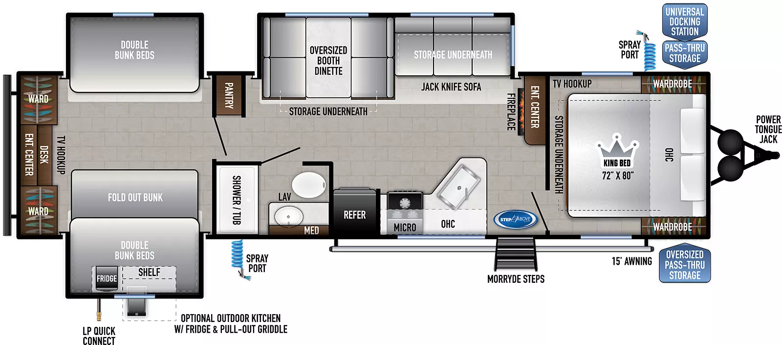 The 31K3S has three slides – two opposing slides in the rear bunk area of the coach (one on door side, one across on off-door side) the third one is on the off-door side in the kitchen living dining area.  Interior layout from front to back: front bedroom with king bed featuring overhead cabinets, bedside wards, TV hookup, underbed storage and solid privacy door; kitchen living dining area includes entertainment center with fireplace, angled residential sink, 3-burner cooktop with oven and overhead microwave plus cabinets, refrigerator; aisle bathroom with tub/shower, medicine cabinet above the sink and porcelain toilet; across in the off-door side slide is the oversized booth dinette and jackknife sofa - both with storage underneath; pantry on off-door side across from bathroom; bunkhouse includes double bunk bends in the off-door side slide; the opposing slide has double bunk beds with one being a fold-out bunk; across rear of bunkhouse is a desk/entertainment center, TV hookup and two wards on each side. Exterior from front to back: Power tongue jack, oversized pass-thru storage on door side, universal docking station in pass-thru on off-door side with spray port; solid steps at main door-side entry, spray port, optional outside kitchen with fridge and pull-out griddle, LP quick connect and 15' awning.  