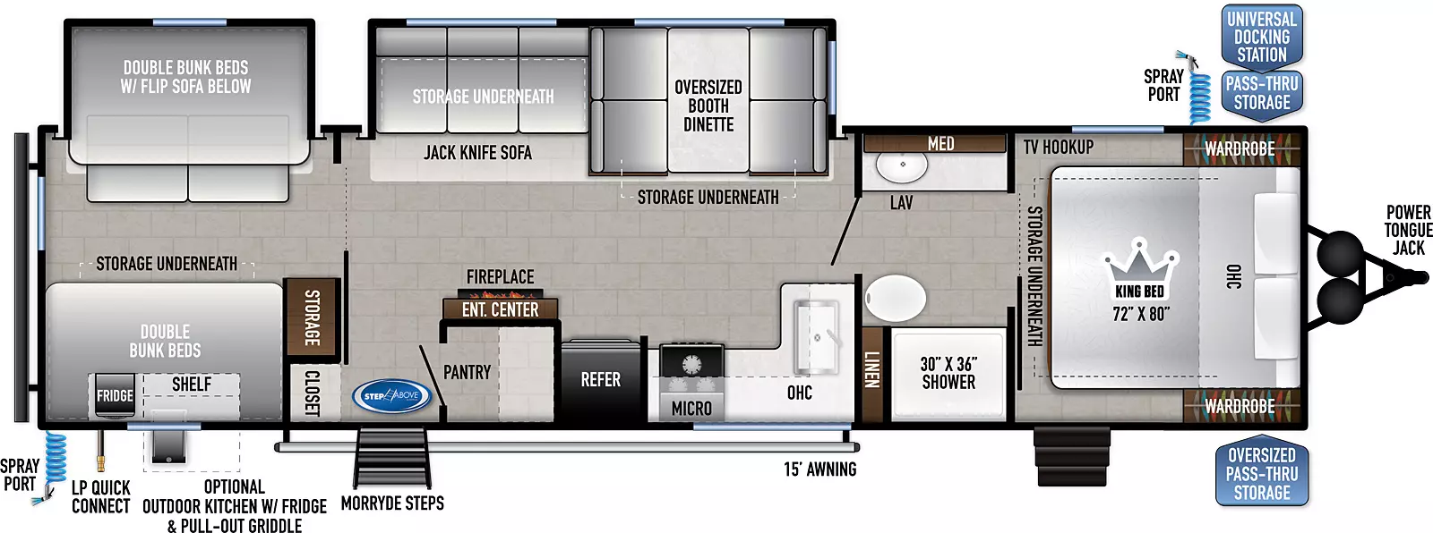 The 31KBH has two slides on the off-door side – one in the rear bunk area of the coach and one in the kitchen living dining area. This floorplan features two entry doors on the door side – one near the rear leading into the main kitchen living dining area, another in the front bedroom. Interior layout from front to back: front bedroom with king bed featuring overhead cabinets, bedside wards, TV hookup, underbed storage and solid sliding privacy door; pass through bathroom to kitchen living dining area; bathroom has sink and counter space with overhead cabinets on off-door side and a porcelain toilet, linen cabinets and shower on the door side; L-shaped kitchen counter with overhead cabinets above residential sink, 3-burner cooktop with oven and overhead microwave, refrigerator; entertainment center with fireplace; across in the off-door side slide is the oversized booth dinette and jackknife sofa - both with storage underneath; upon entering at door side to the right is a pantry and to the left is a closet; solid sliding privacy door to bunkhouse; off-door side slide has double bunk beds with flip sofa below, across on door side has storage cabinets and double bunk bends with storage underneath. Exterior from front to back: Power tongue jack, oversized pass-thru storage on door side, universal docking station in pass-thru on off-door side with spray port; fold-up steps at bedroom entrance on door side, solid steps at main entry, optional outside kitchen and 15' awning.
