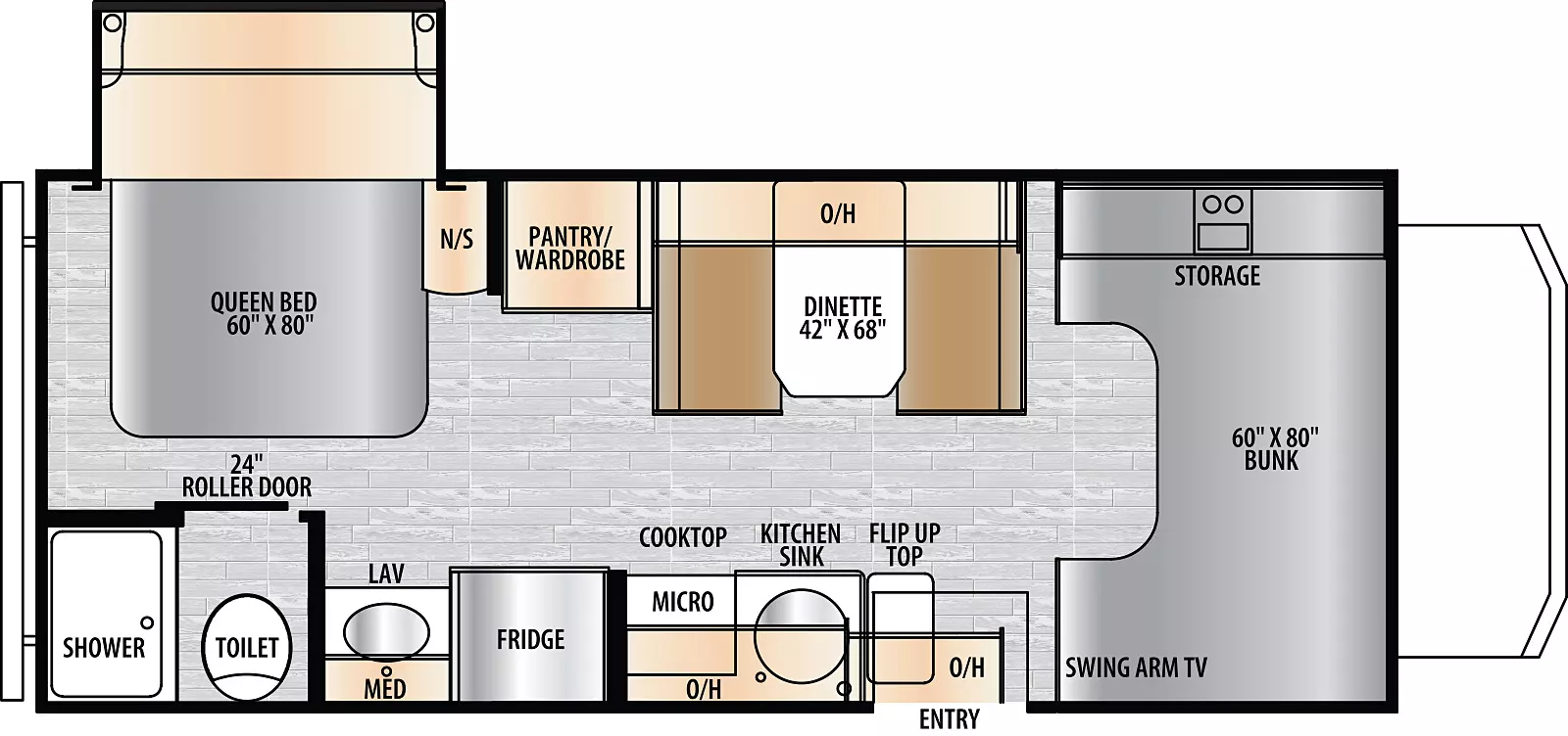 The 2200S has one slide on the off door side and an entry door on the door side. Interior layout from front to back: Above chassis driving are is a full 60x80 bunk area that sleeps two. Moving towards rear is a front kitchen and dining area with dinette on off door side and kitchen on door side featuring overhead cabinetry plenty of countertop space and a 10.7 cubic foot 12V refer, 3 burner stove and a overhead convection microwave oven. The dining area features a 42x68 dinette with overhead cabinetry and storage under each side. This booth dinette has two forward facing seatbelts. Moving towards the rear of the 2200S from kitchen/Dining area you will find a Pantry/wardrobe on the off door side. To the rear of that you will find the "Bed slide" which features a full 60x80 queen bed in the slide with overhead cabinetry. Across from the bed on door side is the split bath with a 24x36 shower with overhead skylight and lavatory with a medicine cabinet above. 