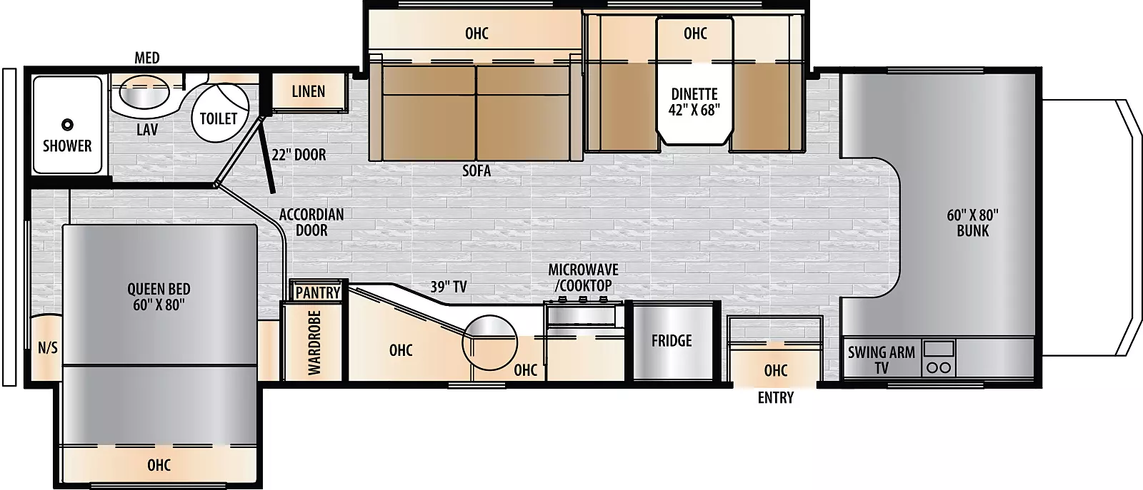 The 2600DS has two slides: one larger slide on off door side and one "bed" slide on door side of unit. Above Chassis driving area is a full 60x80 bunk area that sleeps two. Moving towards rear of coach from front: On door side is a large kitchen featuring immense counter space and a workstation area with some desk space and a LED 12V TV mounted over the desk space. On the off door side of this area  is the larger slide featuring a dinette and sofa with overhead cabinetry. The rear of the unit has a corner bath on the off door side with a 24x36 shower and a linen closet. In the rear on the door side there is a slide with a 60x80 queen bed with overhead cabinetry. 