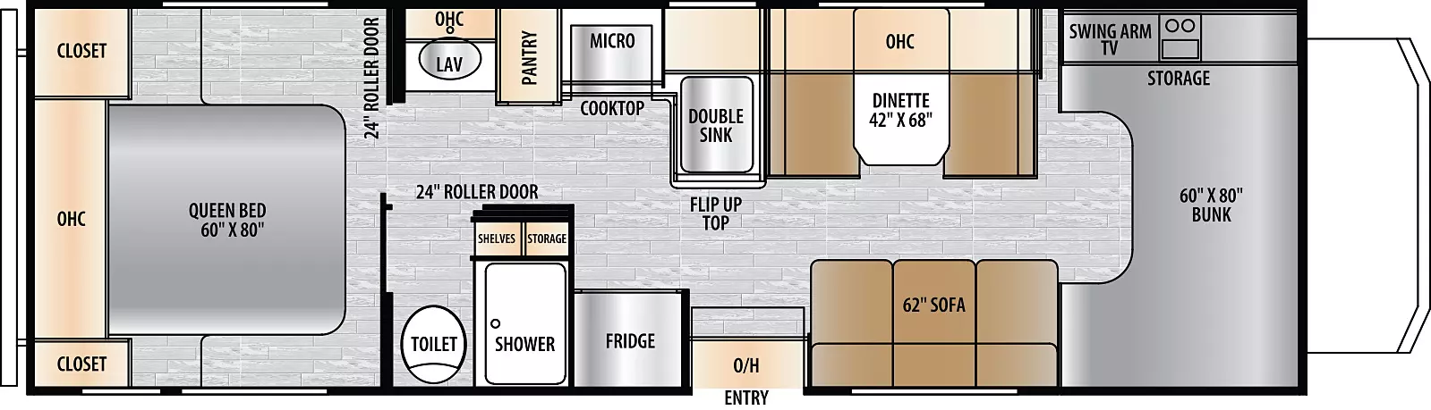 The Entrada 2700NS floorplan has one entry and zero slide outs. Exterior features include: 20' awning. Interiors features include: rear bedroom, bunk over cab, dinette and fixed bed.