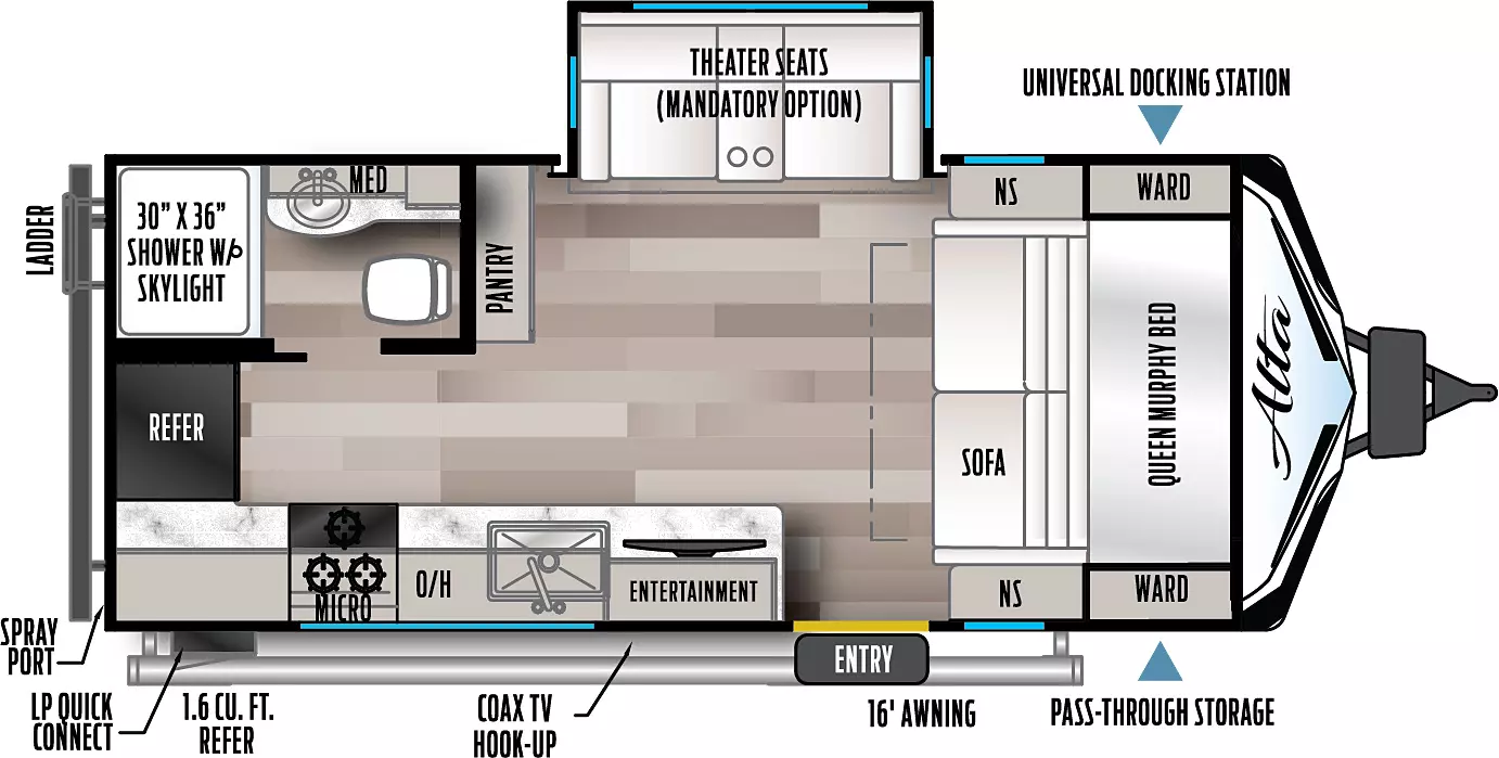 Has one slide on the off-door side. The entry door is on the awning or door side of the unit. Layout front to back, Sofa with Queen Murphy bed that folds down over the sofa. There is Theater Seating in the slide out on the off-door side. Across from that there is a large counter that runs from the entry door to the rear of the unit with overheads and microwave above the range. Refer is locate along the rear wall just adjacent to the counter on the door side. In the Rt Rear off-door side  of the unit you will find the bathroom with a 30x36 shower, vanity and porcelain toilet.
