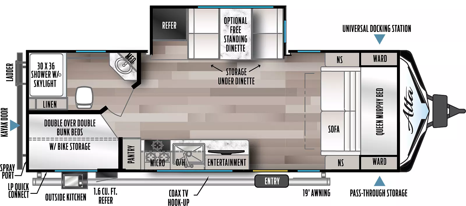 Alta 2210MBH has one slideout on the off door side and one entry. Exterior features include 19 foot awning, front pass through storage with universal docking station, coax TV hook-up, outside kitchen with refrigerator, LP quick connect, spray port, rear ladder, and rear kayak door. Layout from front to back: Queen Murphy Bed that folds down over the sofa with wardrobes and night stands on each side; off-door side slideout with booth dinette with storage, and refrigerator (free standing dinette optional); door side entry, entertainment center, and kitchen with microwave in the overhead cabinets above the range and sink, and a pantry at the end of the counter; rear off-door side bathroom with linen closet and medicine cabinet; rear door side double over double bunk beds w/bike storage.