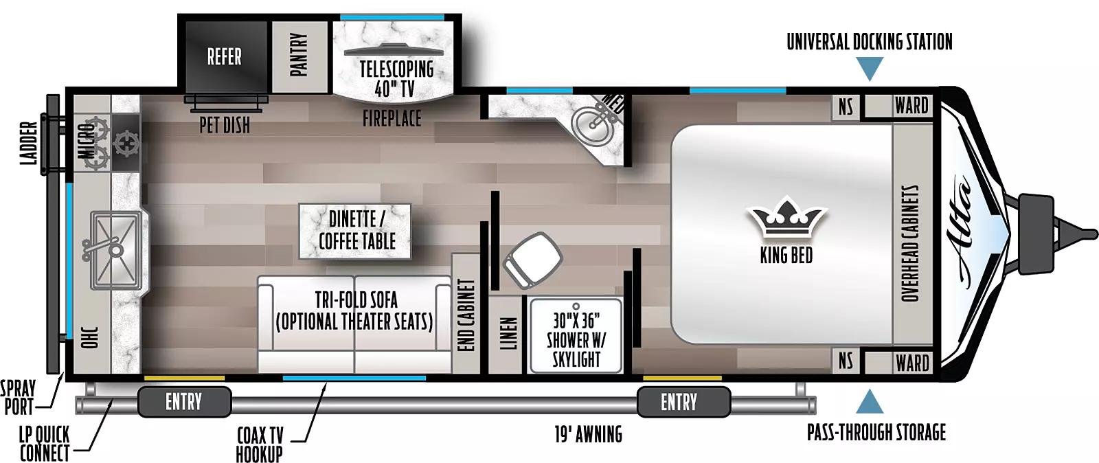 Has a Kitchen slide on the off-door side with Refrigerator, Pantry/wardrobe, fireplace and TV. There are two entry doors on the awning or door-side of the unit. Layout from front to back- secondary entry with King size bed that runs north and south, slider door opens into a walk through bath with a 30x36 shower, vanity, porcelain toilet with linen storage next to the shower, with another slider out of the back of the bathroom toward the rear of the unit. Kitchen slide on the off door-side with a booth across form the TV that can be optioned with a sleeper sofa or theater seats IPO the booth, followed by a rear kitchen across the back with overheads, a sink in the middle and range on the far right off-door rear corner with a microwave above. To the far left of the rear kitchen on the left door-side rear corner is the main entry.

