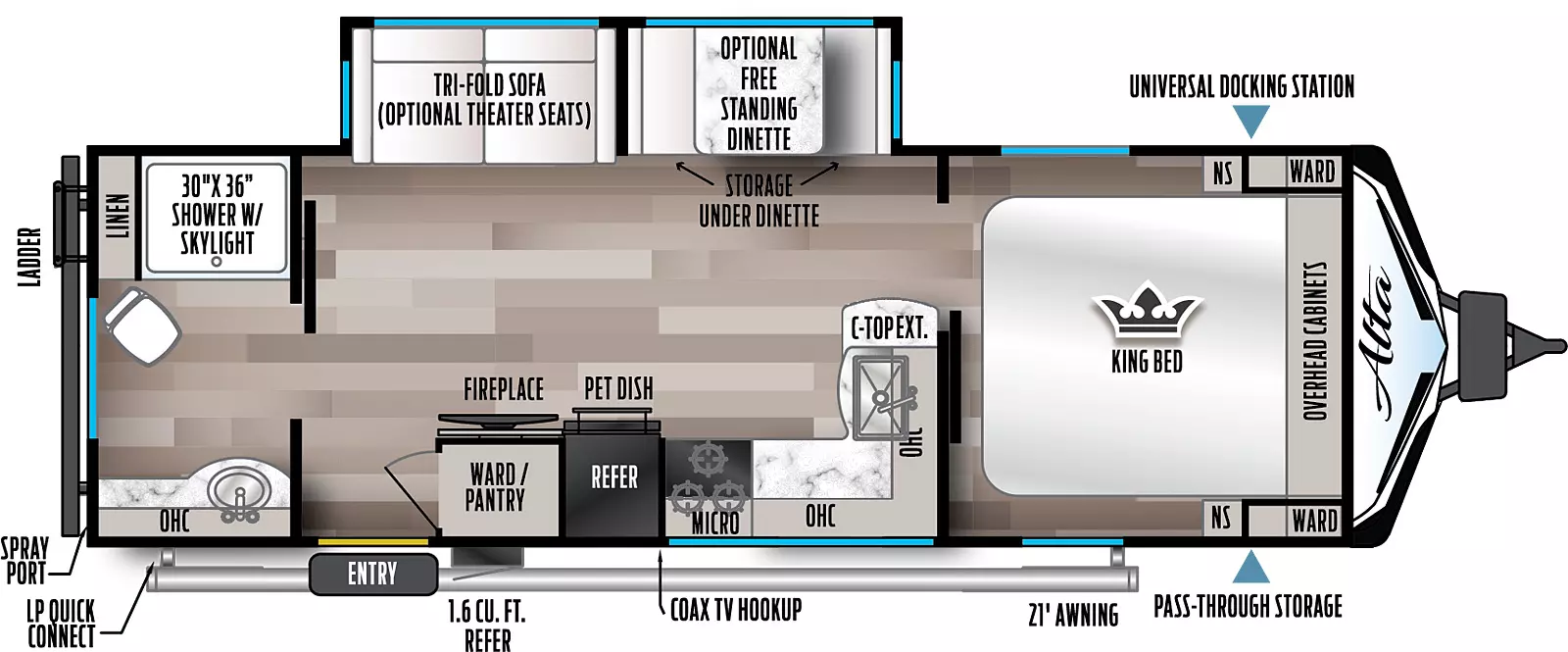 Has a super slide on the off-door-side with a sleeper sofa and booth that can be optioned with theater seats IPO the sofa or table and chairs IPO the booth. There is a rear entry on the awning or door-side about 2/3 of the way down the unit. Layout front to back - there is a King size bed with a slider door separating the bedroom from the Kitchen/Living area. To the right on the off-door side is the super slide and on the door-side is an L-shaped kitchen with overheads, range with a microwave above it, refer, and TV with pantry/ closet behind it. Then about 2/3rd of the way down on the door-side is the entry. Across the back of the unit is the rear bathroom with a slider door entrance. To the RT in the rear off-door corner of the  of the unit is a 30x36 shower. On the door-side rear corner in the vanity and along the back wall between the two is a porcelain toilet.

