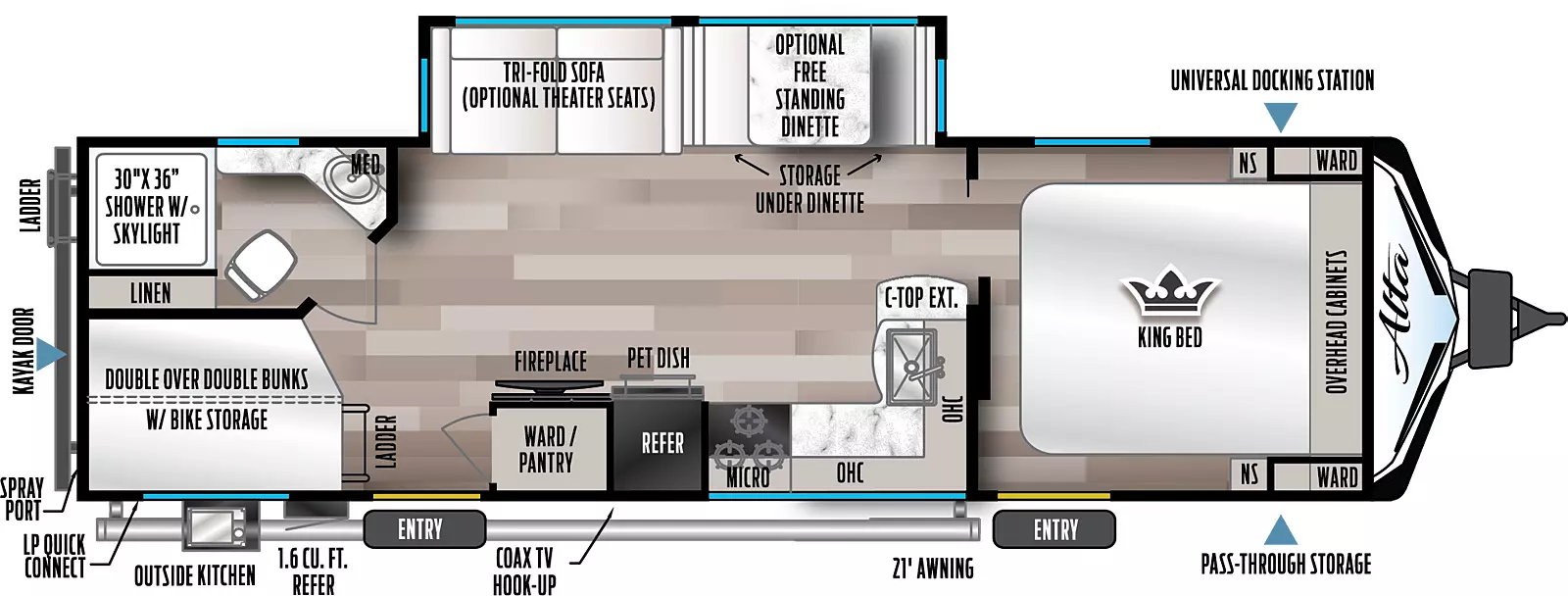  Has a super slide on the off-door-side with a sleeper sofa and booth that can be optioned with theater seats IPO the sofa or table and chairs IPO the booth. There are two entry doors on the awing or door-side of the unit. Layout from front to back-  secondary entry with King size bed that runs north and south, slider door into a walk through bath with a 30x36 shower, vanity, porcelain toilet with linen storage next to the shower, with another slider out of the back of the bathroom toward the rear of the unit. To the right on the off-door side is the super slide and to the left on the door-side is an L-shaped kitchen with overheads, range with a microwave above it, refer, and TV with pantry/ closet behind it. Then about 2/3rd of the way down on the door-side is the main entry followed by a double over double bunk in the rear door-side corner of the unit. In the rear off-door corner is the bathroom with a 30x36 shower, vanity an porcelain toilet.
