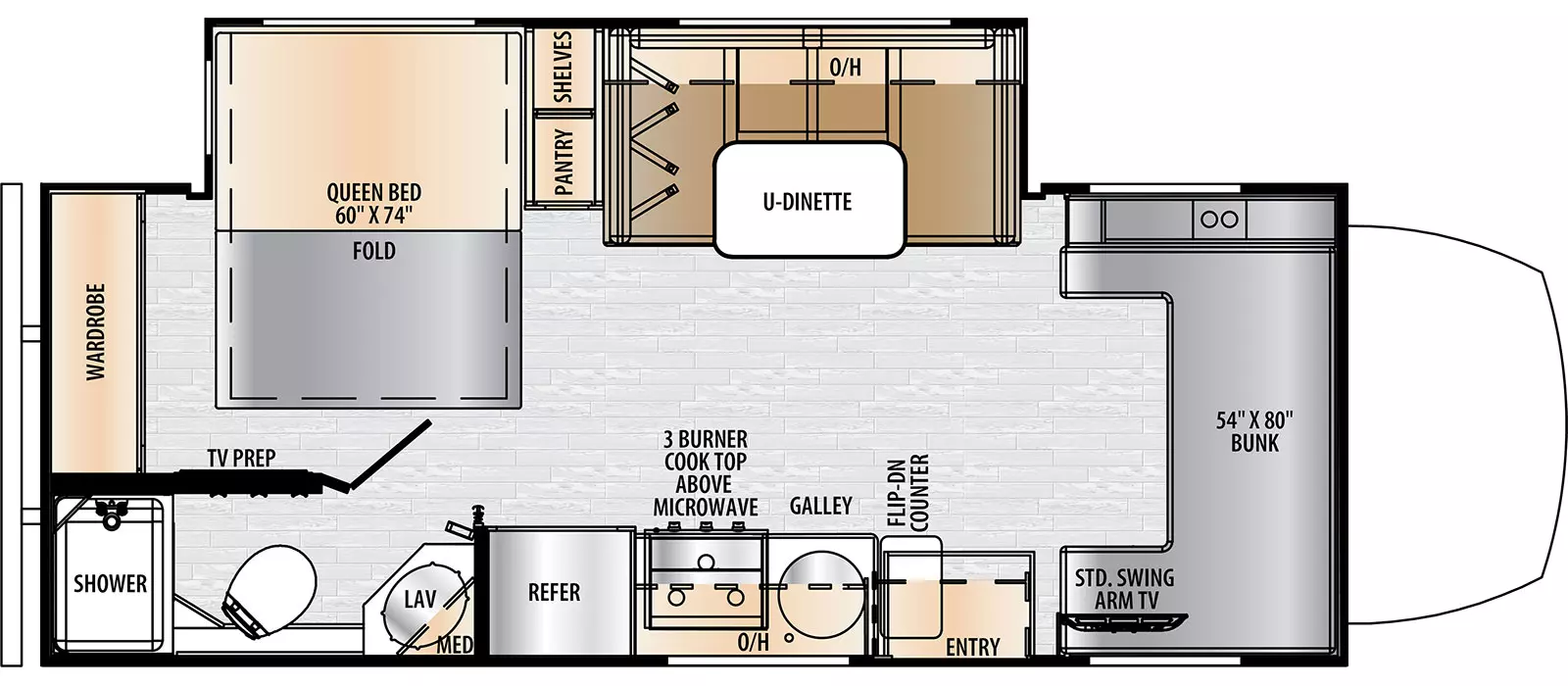 The 24FM has one 1 slide out on the off-door side and 1 entry door. Interior layout from front to back includes a 54 inch by 80 inch bunk over the cab with standard swing arm TV; off-door side slideout holds a U-Dinette, pantry, shelves, overhead cabinet and a foldable 60 inch x 74 inch Queen bed; along the door side across from the U-Dinette is the kitchen that includes a countertop with flip-up extension, round sink bowl, overhead cabinet, 3 burner cooktop above microwave and a refrigerator. Door side rear corner features a full bathroom with shower, toilet, lav and medicine cabinet. Rear wall features a wardrobe and a TV Prep is mounted across from the bed.