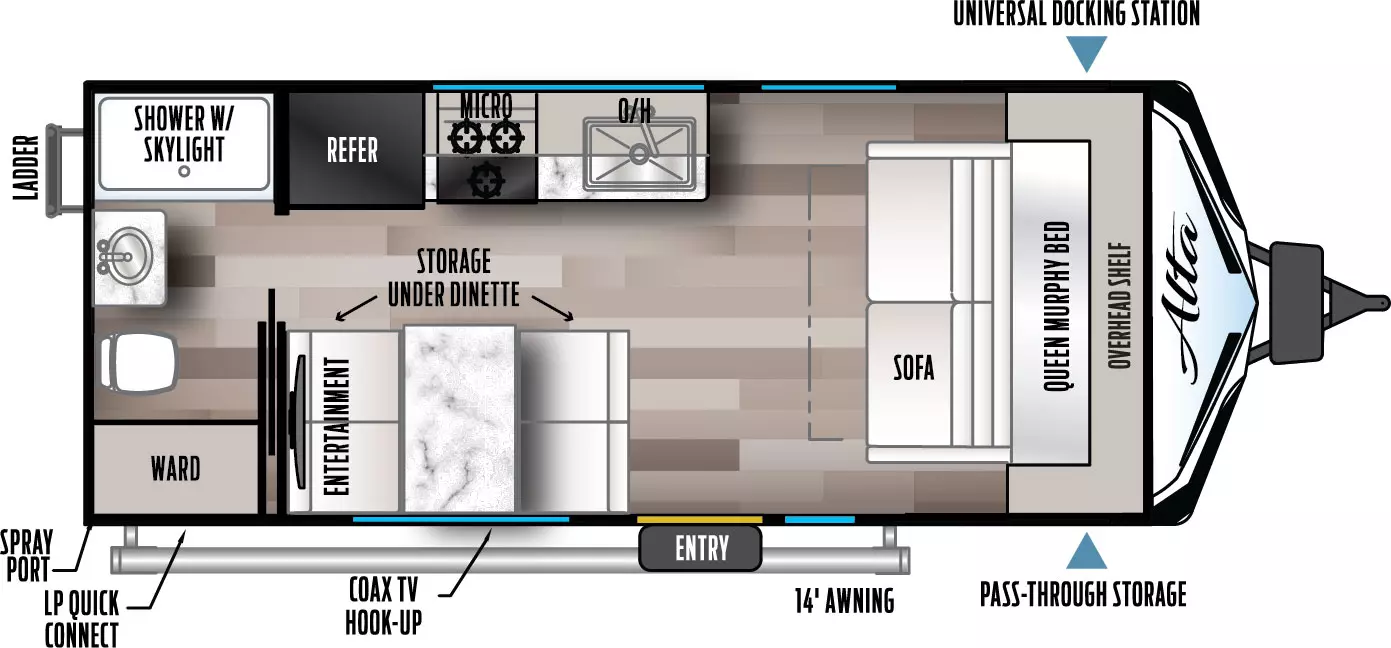 The 1600MRB has no slideouts and one entry. Exterior features include a ladder, spray port, LP quick connect, coax TV hook-up, 14 foot awning, and front pass-through storage with universal docking station. Interior layout front to back: queen murphy bed/sofa with night stands and wardrobes on each side; off-door side kitchen with overhead cabinet, microwave and refrigerator; door side entry, dinette with storage under, and entertainment above; rear full bathroom with wardrobe and shower with skylight.