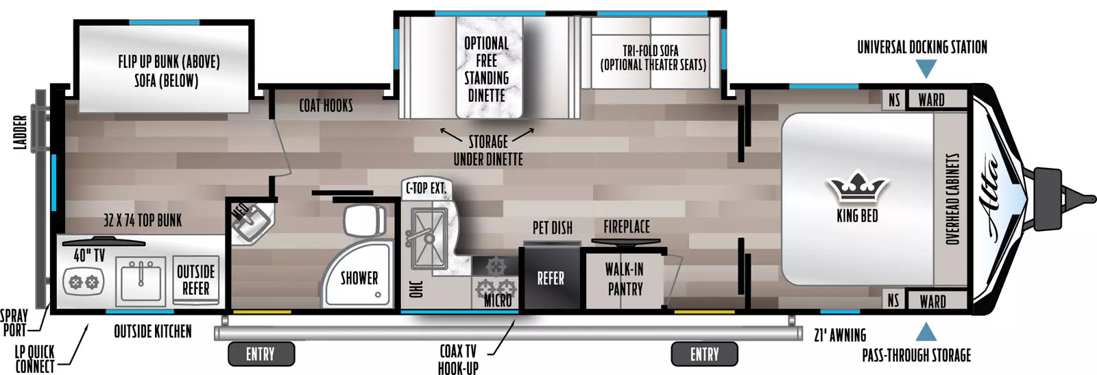 Has a super slide on the off-door-side with a sleeper sofa and booth that can be optioned with theater seats IPO the sofa or table and chairs IPO the booth as well as a small slide in the rear of the unit on the off-door side that has a Jack Knife sofa in it with a fold down bunk above. There are two entry doors on the awing or door-side of the unit. Layout from front to back- King size bed that runs north and south, with French style sliders that open into the living/kitchen area. To the right or off-door side is the super slide and to the door-side is the main entry and a pantry/closet. Followed by the refer, range with the microwave above in an L-shaped kitchen with overheads on the door-side. Moving towards the rear of the unit along the off-door-side past the super slide and down a hall on the door-side is a side isle bath with a secondary entry, neo angle shower, vanity and porcelain toilet. Further down the hall towards the rear of the unit is a door that opens into the bunk room with the slide on the off-door side. Across from the slide on the door-side of the unit is an entertainment center with a place for a TV and storage with a bunk above.
