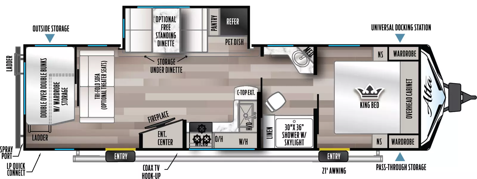 Has a slide-out on the off-door-side with a booth dinette, pantry and refrigerator. There are two entries under the awning on the door-side at the front and back of the unit. Layout front to back: King size bed and wardrobes with overhead cabinets and one entry; slider door to bathroom with 30x36 shower, linen cabinet, medicine cabinet, sink and toilet; slider door from bathroom leads to kitchen and living area; on the door side is the kitchen sink, countertop, stove, microwave and entertainment center with the slide out across from it on the off-door side; second entry leads to a tri-fold sofa that can be optioned to theater seating; the very back features a double over double bunk w/storage below and wardrobe; Below the wardrobe outside is a mini refrigerator, and at the front of the RV is a pass-through storage with Universal Docking Station on off-door side. 
