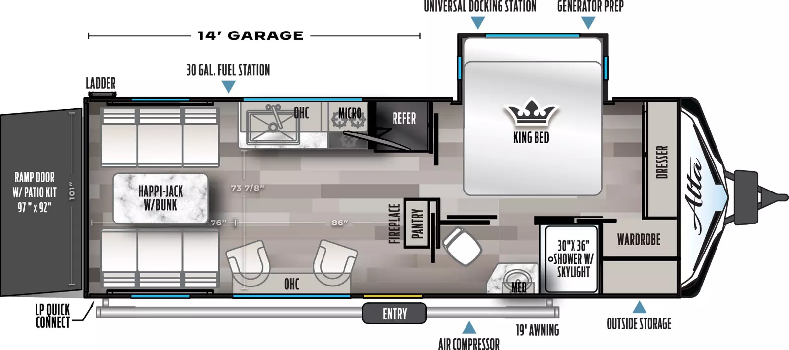 The 2400KTH has one slideout and one entry door. Exterior features include an LP quick connect, air compressor, 19 foot awning, outside storage, ladder, 30 gallon fuel station, universal docking station, and generator prep. Interior layout front to back: front dresser and wardrobe; off-door side king bed slideout with overhead cabinet; door side aisle pass through full bathroom with medicine cabinet and shower with skylight; pantry and fireplace along inner wall; off-door side refrigerator, microwave, oven, sink and overhead cabinet; door side entry, chairs with flip up table, and overhead cabinet; rear happi-jack with bunk; rear ramp door with patio kit. Garage dimensions: 14 foot garage; 101 inches wide; 76 inches from rear to kitchen counter; 86 inches from kitchen counter to pantry; 73 7/8 inches from kitchen counter to door side wall; 97 inch x 92 inch rear ramp door. 