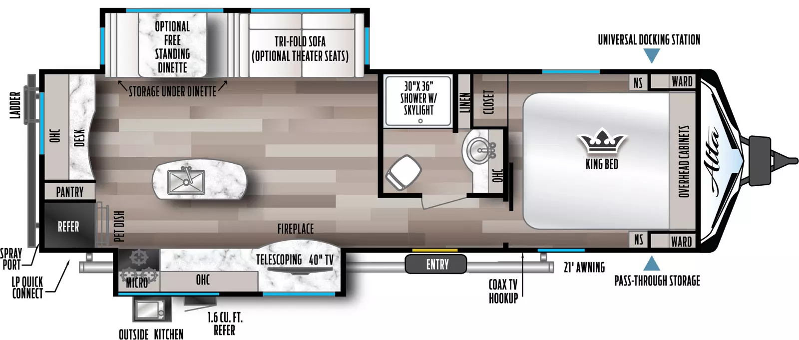 Has a super slide on the off-door-side with a booth and sleeper sofa that can be optioned with theater seats IPO the sofa or table and chairs IPO the booth as well as a kitchen slide on the door-side of the unit. There is one entry about mid-way down on the awning or door-side of the unit. Layout from front to back:  there is a King size bed that runs north and south with an bedroom door that’s on the far left or door-side of the bedroom. It leads into a hall with a side isle bath to the right with a 30x36 shower with linen storage next to it, a vanity and porcelain toilet. Continuing down the hall from the bedroom  toward the rear of the unit is the entry on the door-side followed by the living area / kitchen. To the right or the off-door side is the super slide. In the center is a kitchen island with a sink. On the door-side past the entry is the kitchen slide with a TV and fireplace below followed by kitchen cabinets with overheads with a range and microwave above which ends in the rear door-side corner of the unit. Across the back is the refer, pantry and storage. In the rear off-door side is a small desk area.

