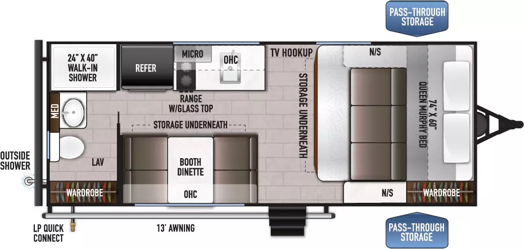The 160RBLE has no slide outs and 1 entry door. Exterior features include a rear outside shower, LP quick connect, 13 ft. awning and front pass-through storage. Interior layout includes a front 74 x 60 inch Queen murphy bed with opposing side nightstands and storage underneath; wardrobe in the front door side corner; door side booth dinette with overhead cabinet and storage underneath; off-door side refrigerator, overhead microwave and cabinet, range with glass top, sink and TV hookup; rear bathroom with wardrobe, toilet, lav, medicine cabinet and 24 x 40 inch walk-in shower.