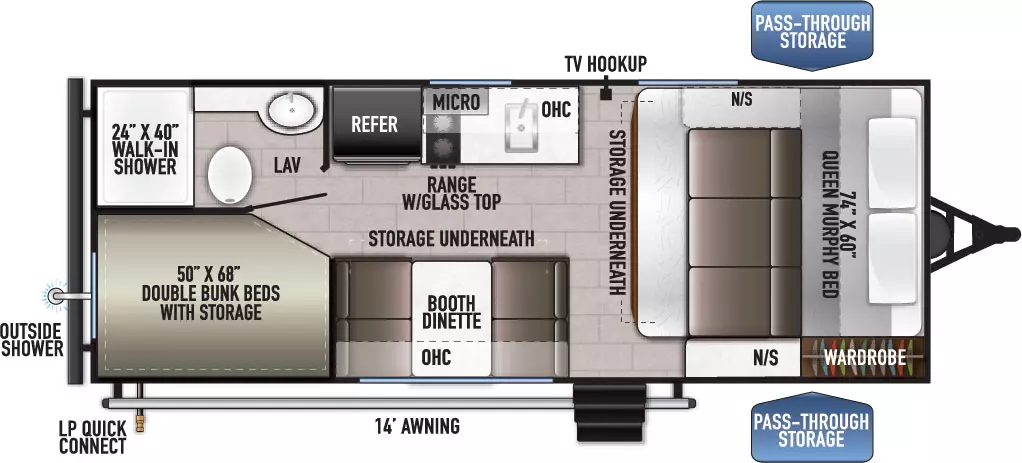 The 170BHLE has no slide outs and 1 entry door. Exterior features include a rear outside shower, LP quick connect, 14 ft. awning and front pass-through storage. Interior layout from front to back includes: front 74 x 60 inch Queen murphy bed with nightstands on each side, storage underneath and a wardrobe in the door side corner; door-side booth dinette with overhead cabinet; off-door side refrigerator, range with glass top, overhead microwave, sink, overhead cabinet and TV hookup; 50 x 68 inch double bunk beds with storage in the door side rear corner; bathroom in the off-door side rear corner with 24 x 40 inch walk-in shower, toilet and lav.