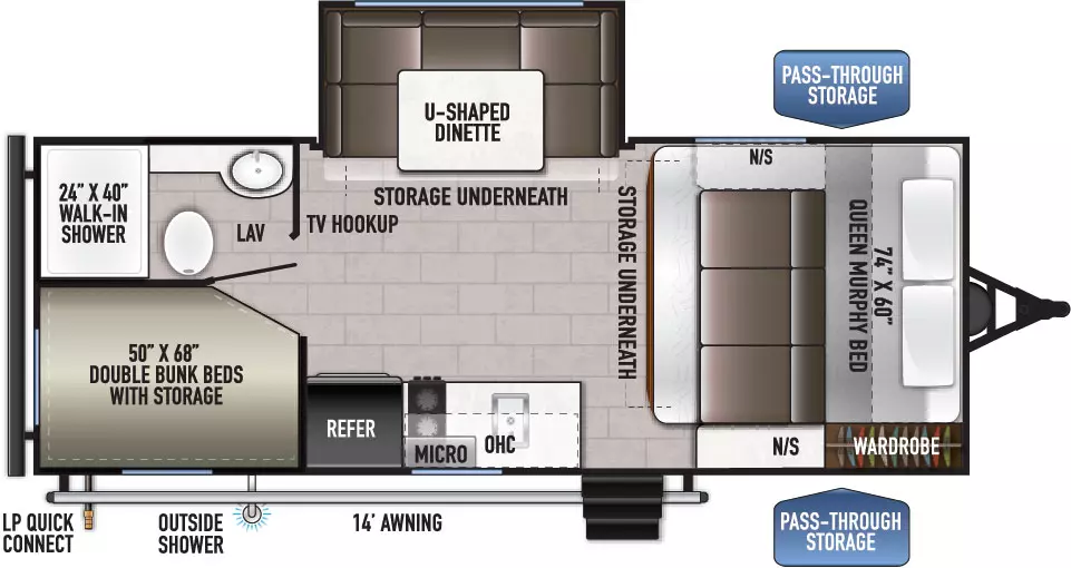 The 175BHLE has 1 slide out on the off-door side and 1 entry door. Exterior features include an LP quick connect, door side outside shower, 14 ft. awning and front pass-through storage. Interior layout from front to back includes: front 74 x 60 inch Queen murphy bed with nightstands on each side and storage underneath; wardrobe in the front door side corner; door side refrigerator, overhead microwave and cabinet, stovetop and sink; off-door side slide out holding a U-shaped dinette with storage underneath; rear facing TV hookup; 50 x 68 inch double bunk beds with storage in the door-side rear corner; and bathroom with 24 x 40 inch walk-in shower, lav and toilet in the off-door side rear corner.