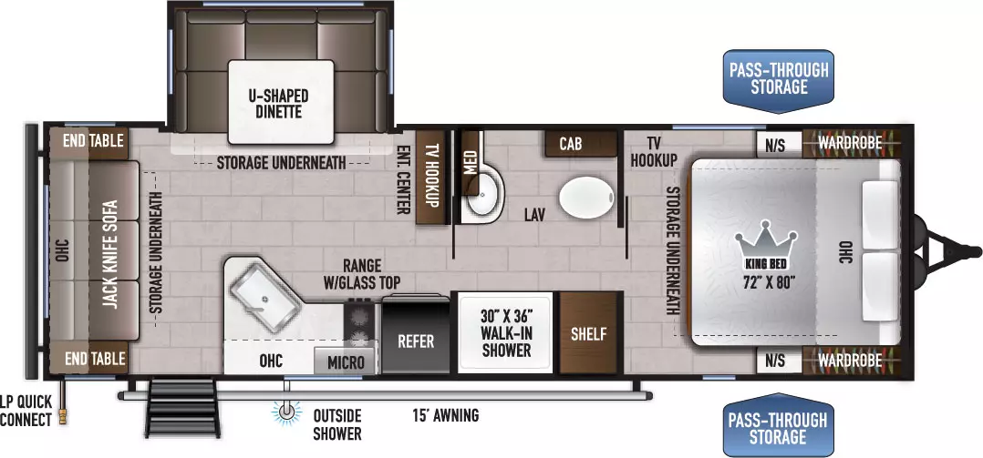 The 240RLLE has 1 slide out on the off-door side and 1 entry door. Exterior features include an LP quick connect, 15 ft. awning, outside shower and front pass-through storage. Interior layouts include a front bedroom with foot facing 72 x 80 inch King bed, under bed storage and opposing side nightstands and wardrobes on each side of the bed; pass through bathroom with 30 x 36 inch walk-in shower, shelf, lav, medicine cabinet, toilet and cabinet; door side kitchen with refrigerator, range with glass top, overhead microwave and cabinet and sink; off-door side slide out with U-shaped dinette with storage underneath; rear wall jack-knife sofa with end tables and overhead cabinet.