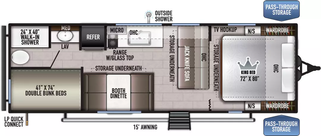 The 260BHLE has 0 slide outs and 1 entry door. Exterior features include an LP quick connect, 15 ft. awning, front pass-through storage and off-door side outside shower. Interior layout from front to back includes: front bedroom with 72 x 80 inch King bed with overhead cabinet, underbed storage, opposing side nightstands and wardrobes, and TV hookup; rear facing jack-knife sofa with storage underneath; door side booth dinette with storage underneath; off-door side kitchen with refrigerator, overhead microwave and cabinet, range with glass top and sink; 41 x 74 inch double bunk beds in door side rear corner; and bathroom with 24 x 40 inch walk-in shower, lav, toilet and medicine cabinet in the off-door side rear corner.