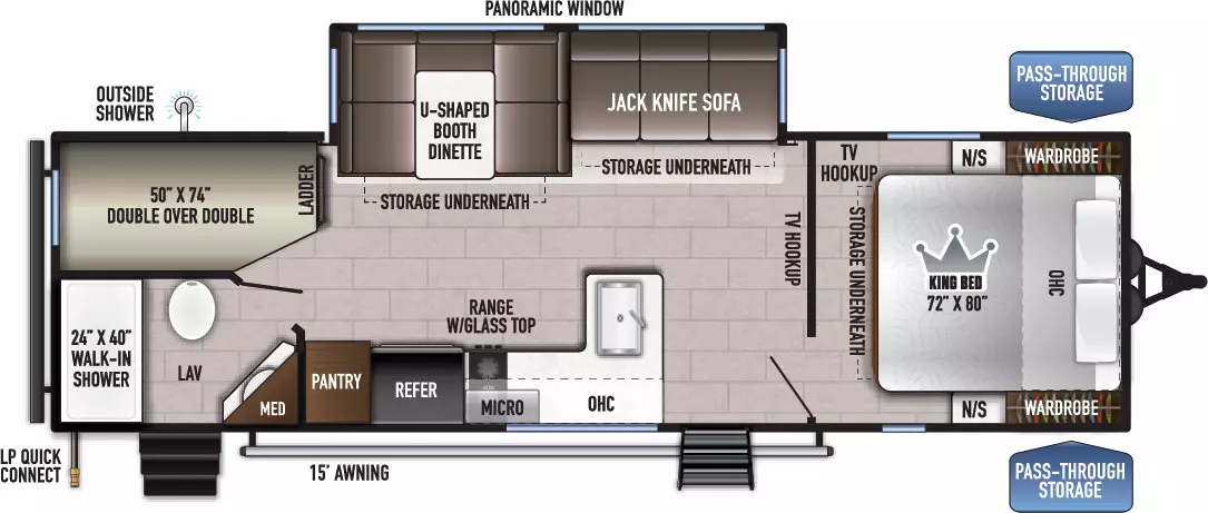 The 255BHLE has 1 slide out on the off-door side and 2 entry doors. Exterior features include off-door side outside shower, LP quick connect, 15 ft. awning and front pass-through storage. Interior layout from front to back includes a front bedroom with 72 x 80 inch King bed, underbed storage, opposing side nightstands and wardrobes, overhead cabinet and TV hookup; door side kitchen with pantry, refrigerator, range with glass top, overhead microwave and cabinet, sink; off-door side out with U-shaped booth dinette with storage underneath and jack-knife sofa with storage underneath; rear door side corner bathroom with own entry door, 24 x 40 inch walk-in shower, toilet, lav and medicine cabinet; off-door side rear corner bunk beds with double over double 50 x 74 inch bunks.