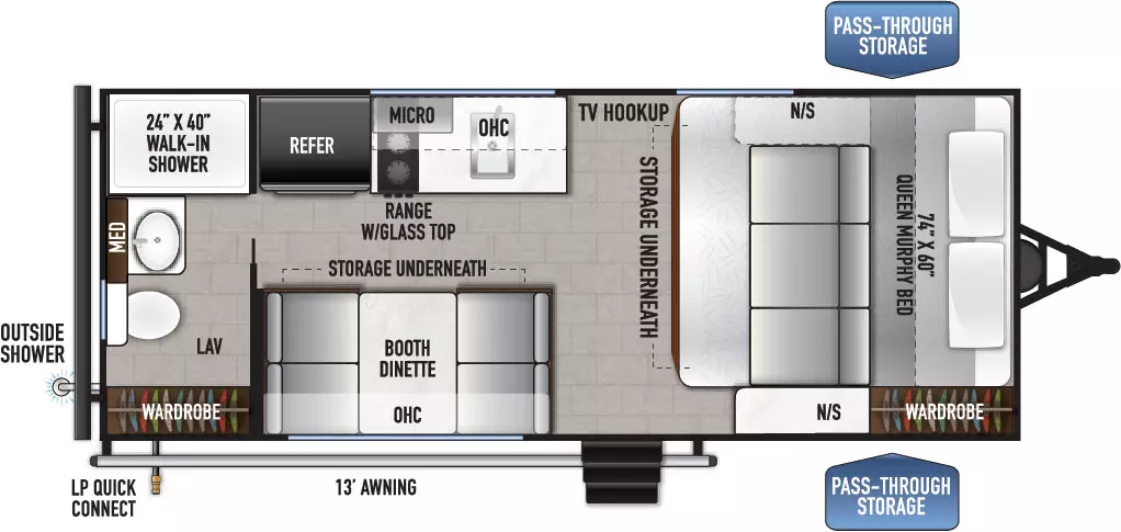 The 16RBLE has no slide outs and 1 entry door. Exterior features include a rear outside shower, LP quick connect, 13 ft. awning and front pass-through storage. Interior layout includes a front 74 x 60 inch Queen murphy bed with opposing side nightstands and storage underneath; wardrobe in the front door side corner; door side booth dinette with overhead cabinet and storage underneath; off-door side refrigerator, overhead microwave and cabinet, range with glass top, sink and TV hookup; rear bathroom with wardrobe, toilet, lav, medicine cabinet and 24 x 40 inch walk-in shower.