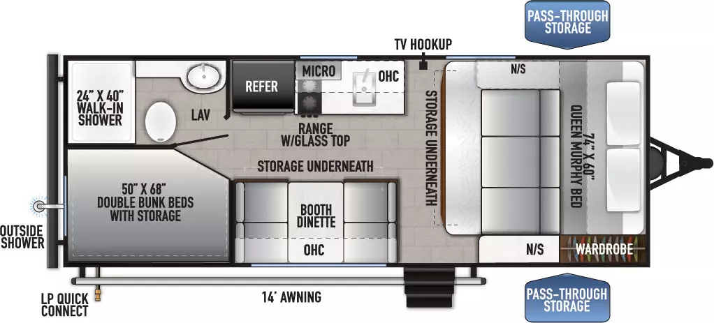 The 17BHLE has no slide outs and 1 entry door. Exterior features include a rear outside shower, LP quick connect, 14 ft. awning and front pass-through storage. Interior layout from front to back includes: front 74 x 60 inch Queen murphy bed with nightstands on each side, storage underneath and a wardrobe in the door side corner; door-side booth dinette with overhead cabinet; off-door side refrigerator, range with glass top, overhead microwave, sink, overhead cabinet and TV hookup; 50 x 68 inch double bunk beds with storage in the door side rear corner; bathroom in the off-door side rear corner with 24 x 40 inch walk-in shower, toilet and lav.