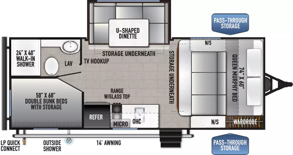 The 18BHLE has 1 slide out on the off-door side and 1 entry door. Exterior features include an LP quick connect, door side outside shower, 14 ft. awning and front pass-through storage. Interior layout from front to back includes: front 74 x 60 inch Queen murphy bed with nightstands on each side and storage underneath; wardrobe in the front door side corner; door side refrigerator, overhead microwave and cabinet, stovetop and sink; off-door side slide out holding a U-shaped dinette with storage underneath; rear facing TV hookup; 50 x 68 inch double bunk beds with storage in the door-side rear corner; and bathroom with 24 x 40 inch walk-in shower, lav and toilet in the off-door side rear corner.