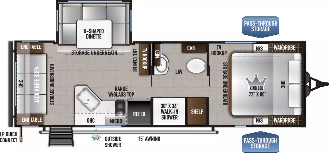 The 24RLLE has 1 slide out on the off-door side and 1 entry door. Exterior features include an LP quick connect, 15 ft. awning, outside shower and front pass-through storage. Interior layouts include a front bedroom with foot facing 72 x 80 inch King bed, under bed storage and opposing side nightstands and wardrobes on each side of the bed; pass through bathroom with 30 x 36 inch walk-in shower, shelf, lav, medicine cabinet, toilet and cabinet; door side kitchen with refrigerator, range with glass top, overhead microwave and cabinet and sink; off-door side slide out with U-shaped dinette with storage underneath; rear wall jack-knife sofa with end tables and overhead cabinet.