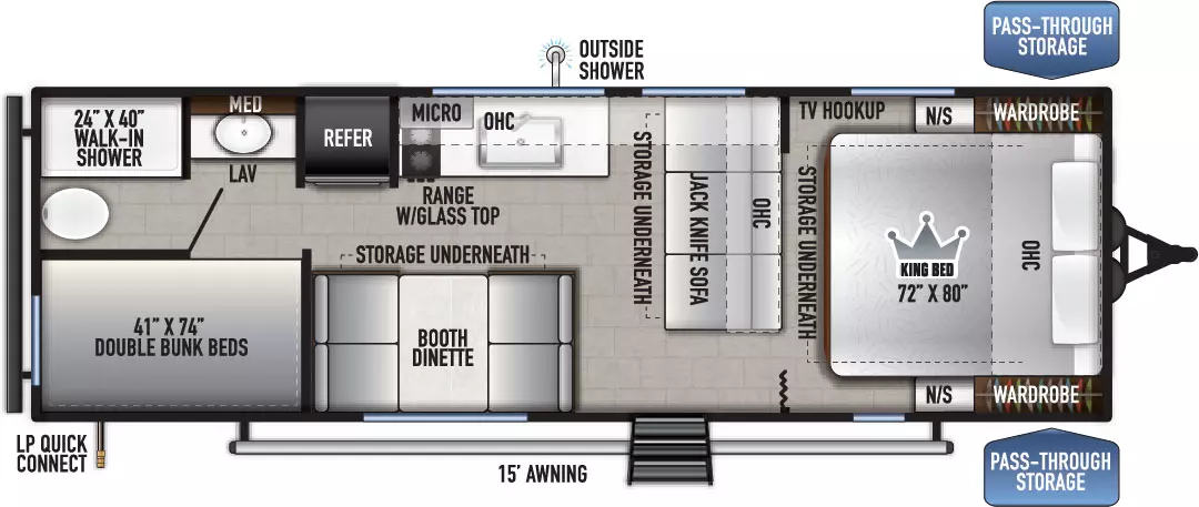 The 25BHLE has 0 slide outs and 1 entry door. Exterior features include an LP quick connect, 15 ft. awning, front pass-through storage and off-door side outside shower. Interior layout from front to back includes: front bedroom with 72 x 80 inch King bed with overhead cabinet, underbed storage, opposing side nightstands and wardrobes, and TV hookup; rear facing jack-knife sofa with storage underneath; door side booth dinette with storage underneath; off-door side kitchen with refrigerator, overhead microwave and cabinet, range with glass top and sink; 41 x 74 inch double bunk beds in door side rear corner; and bathroom with 24 x 40 inch walk-in shower, lav, toilet and medicine cabinet in the off-door side rear corner.