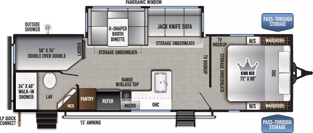 The 26BHLE has 1 slide out on the off-door side and 2 entry doors. Exterior features include off-door side outside shower, LP quick connect, 15 ft. awning and front pass-through storage. Interior layout from front to back includes a front bedroom with 72 x 80 inch King bed, under bed storage, opposing side nightstands and wardrobes, overhead cabinet and TV hookup; door side kitchen with pantry, refrigerator, range with glass top, overhead microwave and cabinet, sink; off-door side out with U-shaped booth dinette with storage underneath and jack-knife sofa with storage underneath; rear door side corner bathroom with own entry door, 24 x 40 inch walk-in shower, toilet, lav and medicine cabinet; off-door side rear corner bunk beds with double over double 50 x 74 inch bunks.