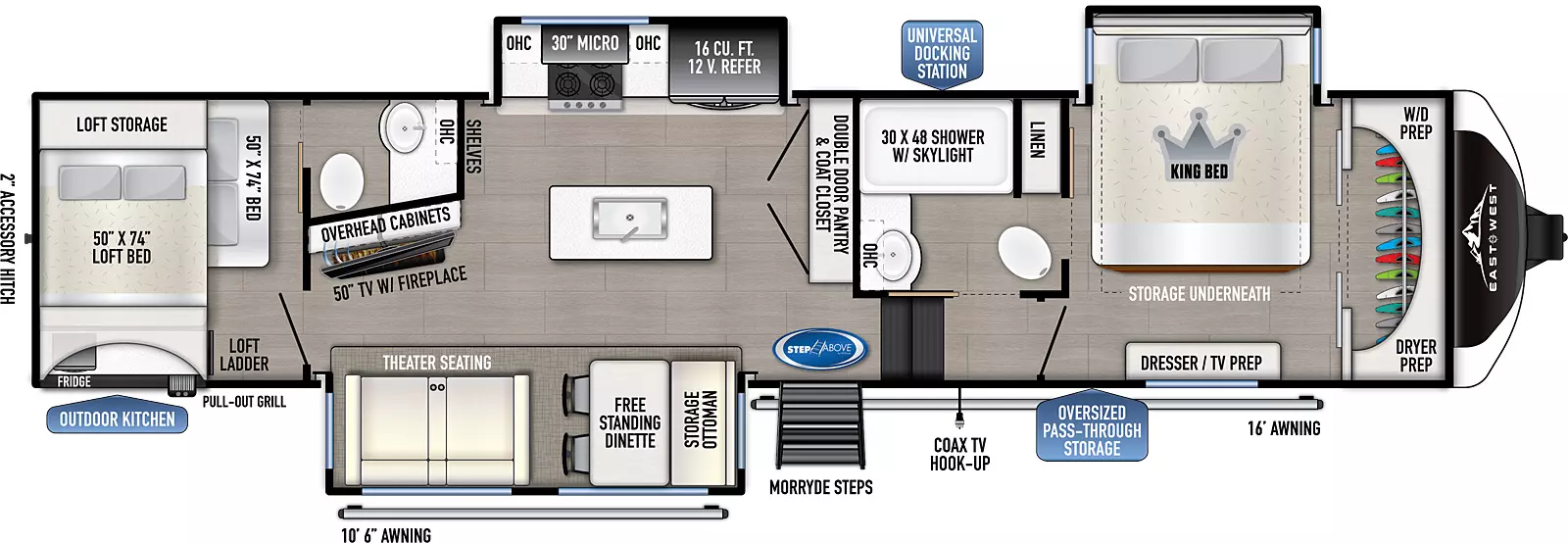 The 375 BH-OK has 3 slide outs, two on the off door side and one on the door side along with one entry door. Interior layout from front to back: front bedroom with front closet and off door side slide-out with king bed and underbed storage; side aisle bathroom with solid pocket doors, shower, medicine cabinet above the sink and a porcelain toilet; kitchen living dining area features a double door pantry and coat closet; kitchen island with deep seated sink; off door side slide-out containing refrigerator, oven and microwave; door side slide-out containing dinette and theater seating across from angled entertainment center; rear bunk room with half bathroom and  50" x 74" lofted bunk above 50" x 74" bed.