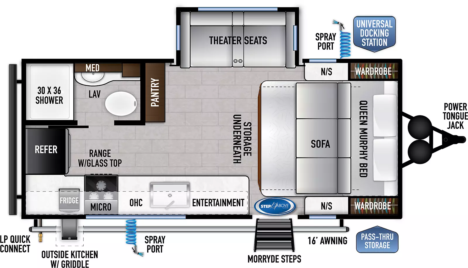 The 18MMB has one slideout and one entry. Exterior features front pass through storage, power tongue jack, universal docking station, spray ports on both sides, MORryde steps, 16 foot awning, outside kitchen with griddle, and LP quick connect. Interior layout front to back: queen murphy bed sofa with storage underneath, with wardrobes and night stands on each side; off-door side slideout with theater seats, and a pantry; door side entry, kitchen counter with entertainment center, sink, overhead cabinets, microwave, range with glass top, and wraps to rear refrigerator; rear off-door side full bathroom with medicine cabinet.