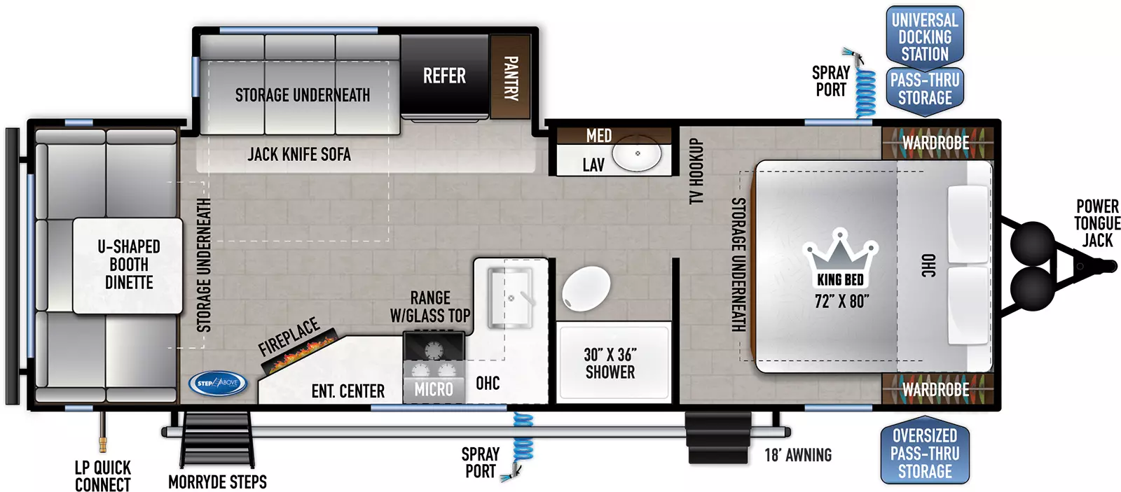 The 25KRD has one slideout and two entry doors. Exterior features front pass through storage, universal docking station, spray ports on both sides, LP quick connect, and MORryde steps on rear entry. Interior layout front to back: king bed with storage underneath, overhead cabinets, wardrobes on each side, entry door, and off-door side TV hookup; split full bathroom with sink and medicine cabinet on off-door side, and toilet and shower on door side; off-door side slideout with pantry, refrigerator, and jack knife sofa with storage underneath; kitchen counter with sink wraps from inner wall to door side with overhead cabinet, microwave, range with glass top, entertainment center with fireplace, and second entry; rear u-shaped booth dinette with storage underneath.