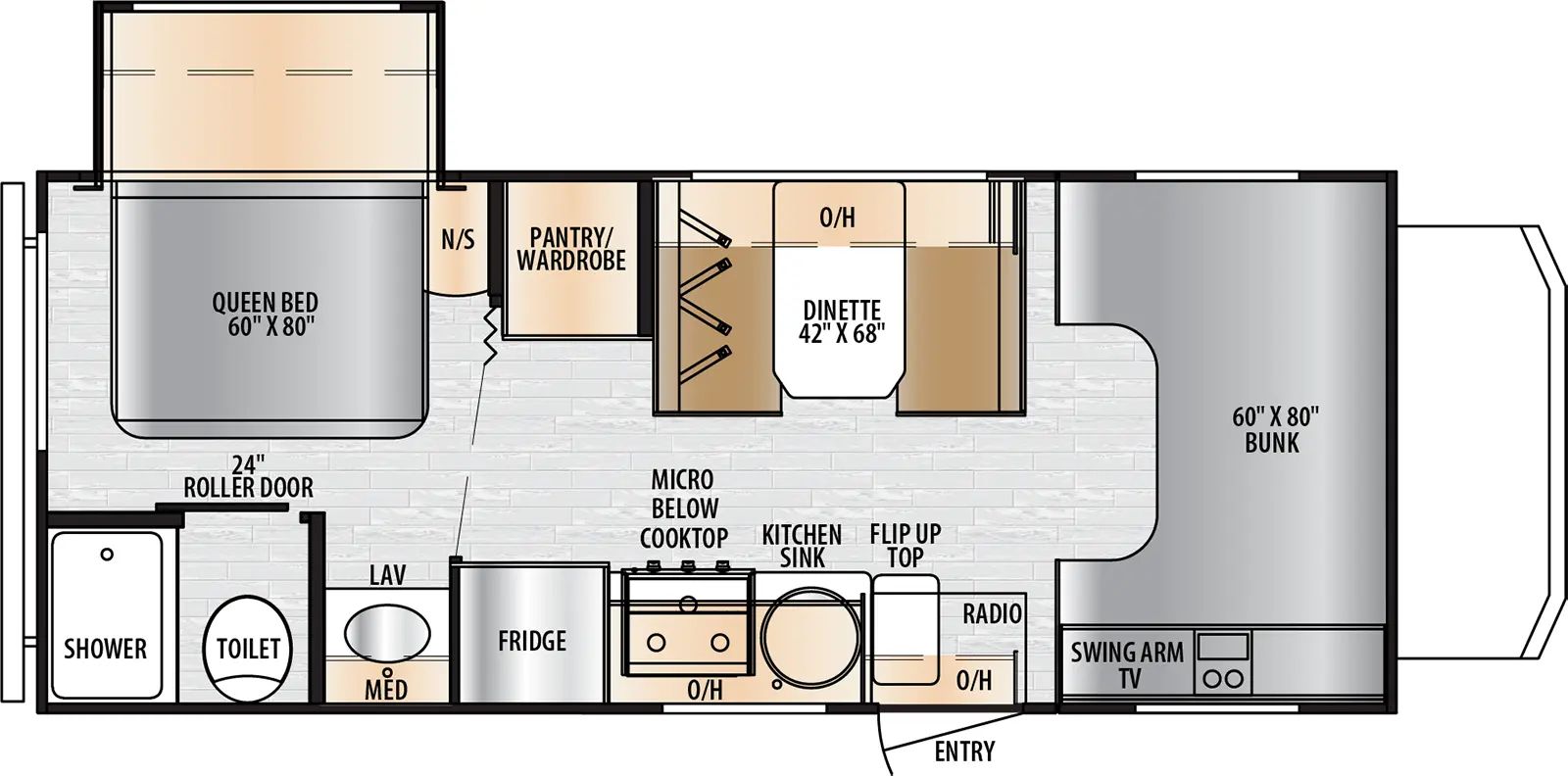 The Entrada 220S floorplan has one entry and one slide out. Exterior features include: 14' awning. Interiors features include: rear bedroom, bunk over cab and dinette.