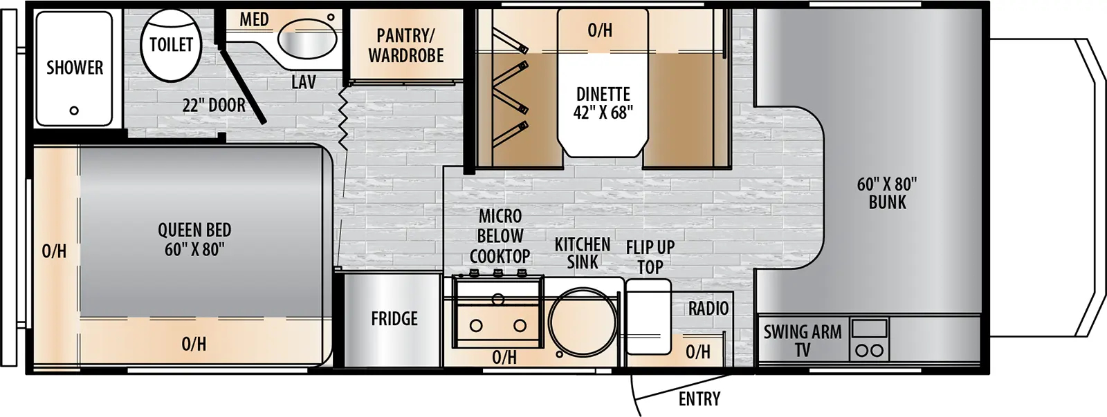 The Entrada 2000NS floorplan has one entry and zero slide outs. Exterior features include: 14' awning and outside kitchen. Interiors features include: bunk over cab and dinette.
