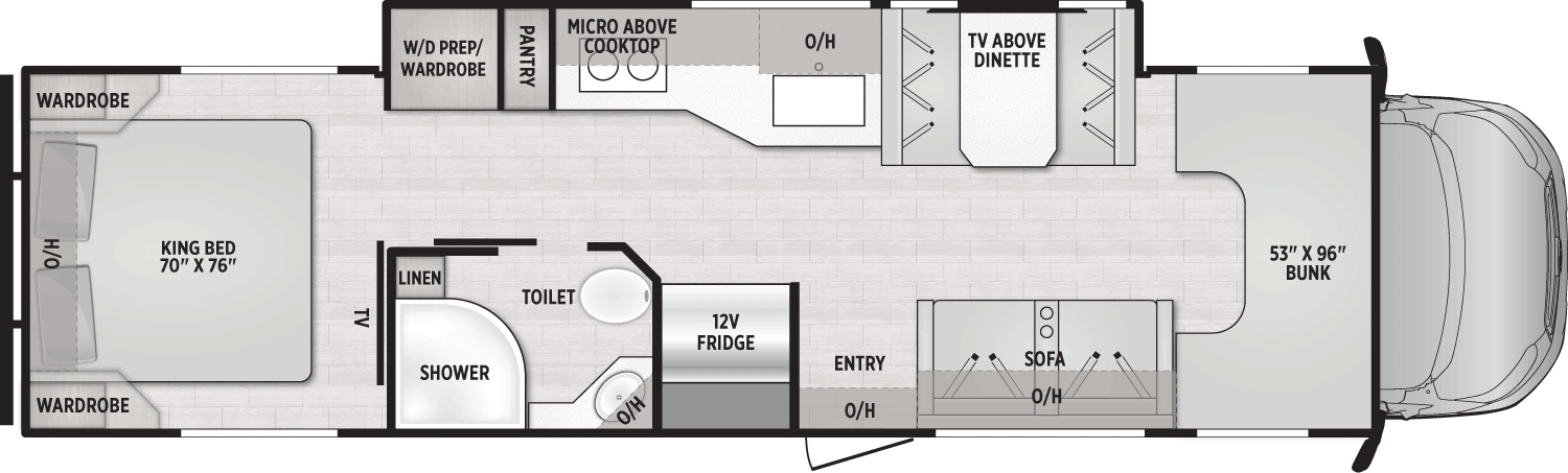 The Bravado 35KB floorplan has one entry and one slide out. Interiors features include: rear bedroom, bunk over cab, dinette and fixed bed.